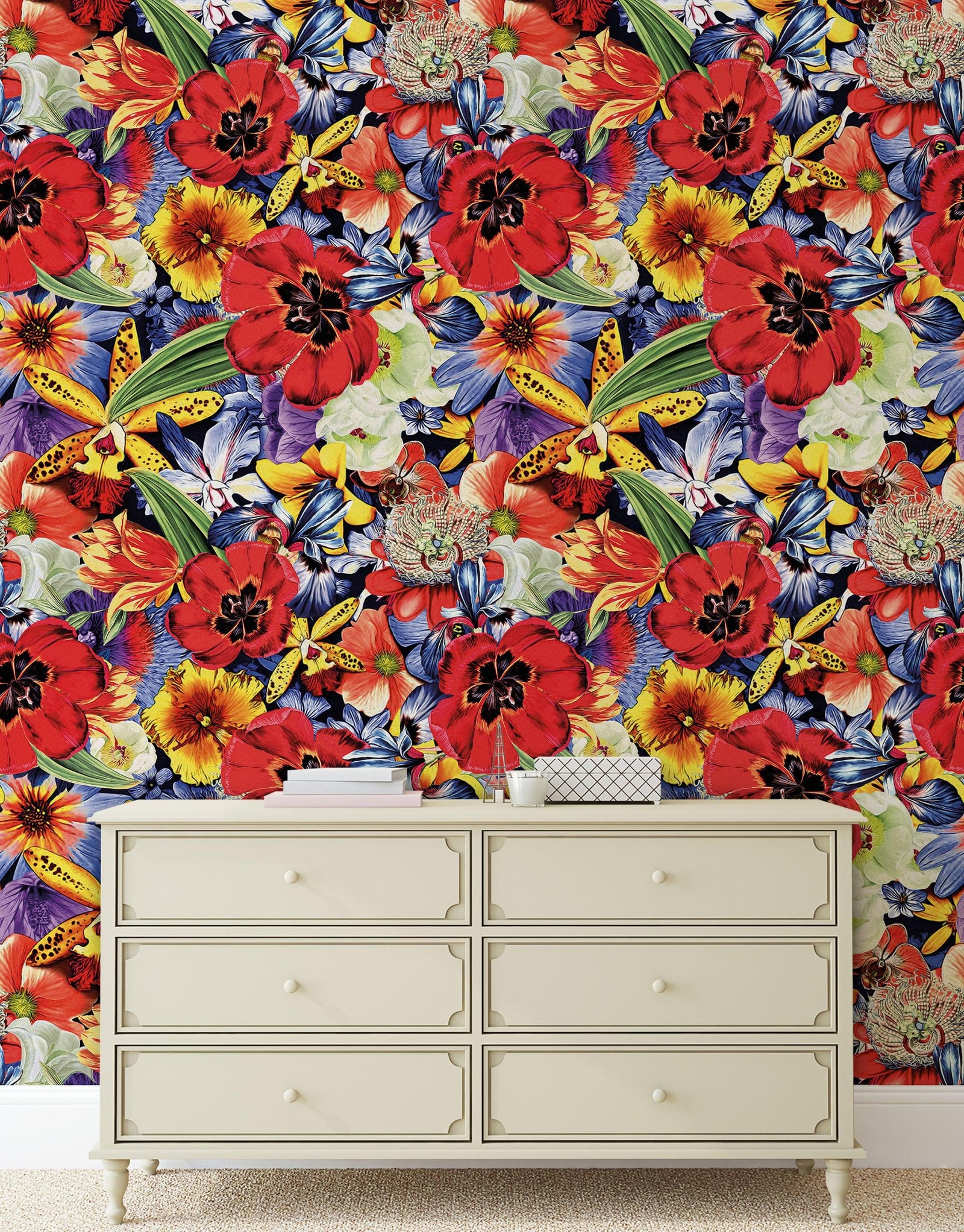 Mural de pared con flores de colores. Papel tapiz autoadhesivo con diseño floral tropical. N.º 6370
