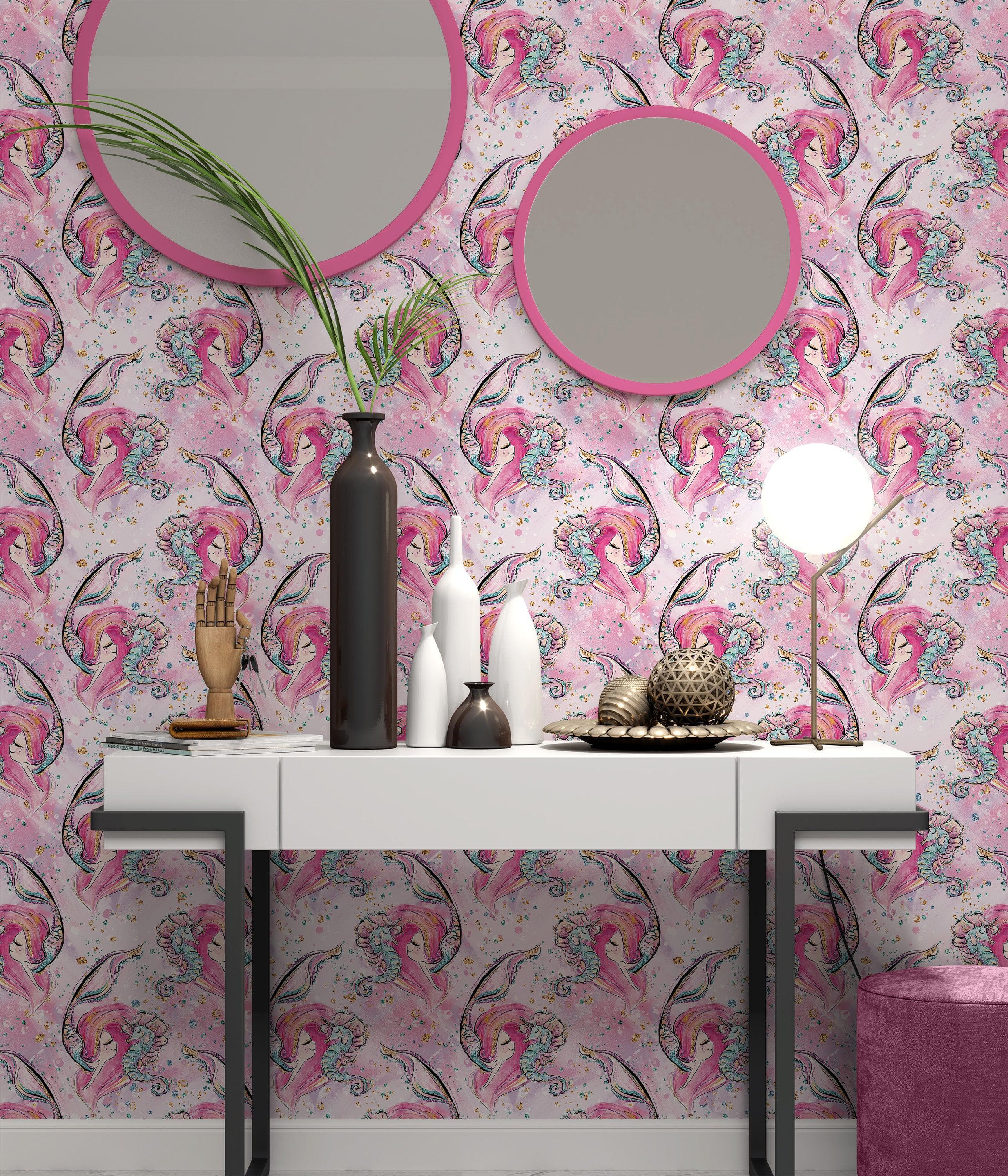 Mural de pared de sirena rosa. Papel tapiz autoadhesivo con una linda sirena y un caballito de mar en el océano. #6371