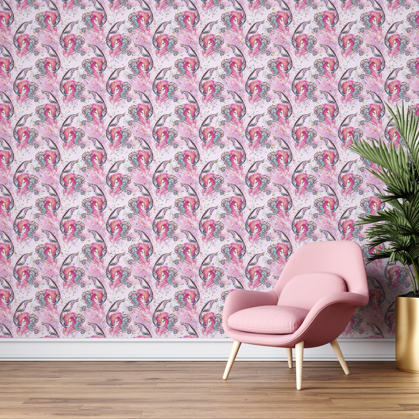 Mural de pared de sirena rosa. Papel tapiz autoadhesivo con una linda sirena y un caballito de mar en el océano. #6371