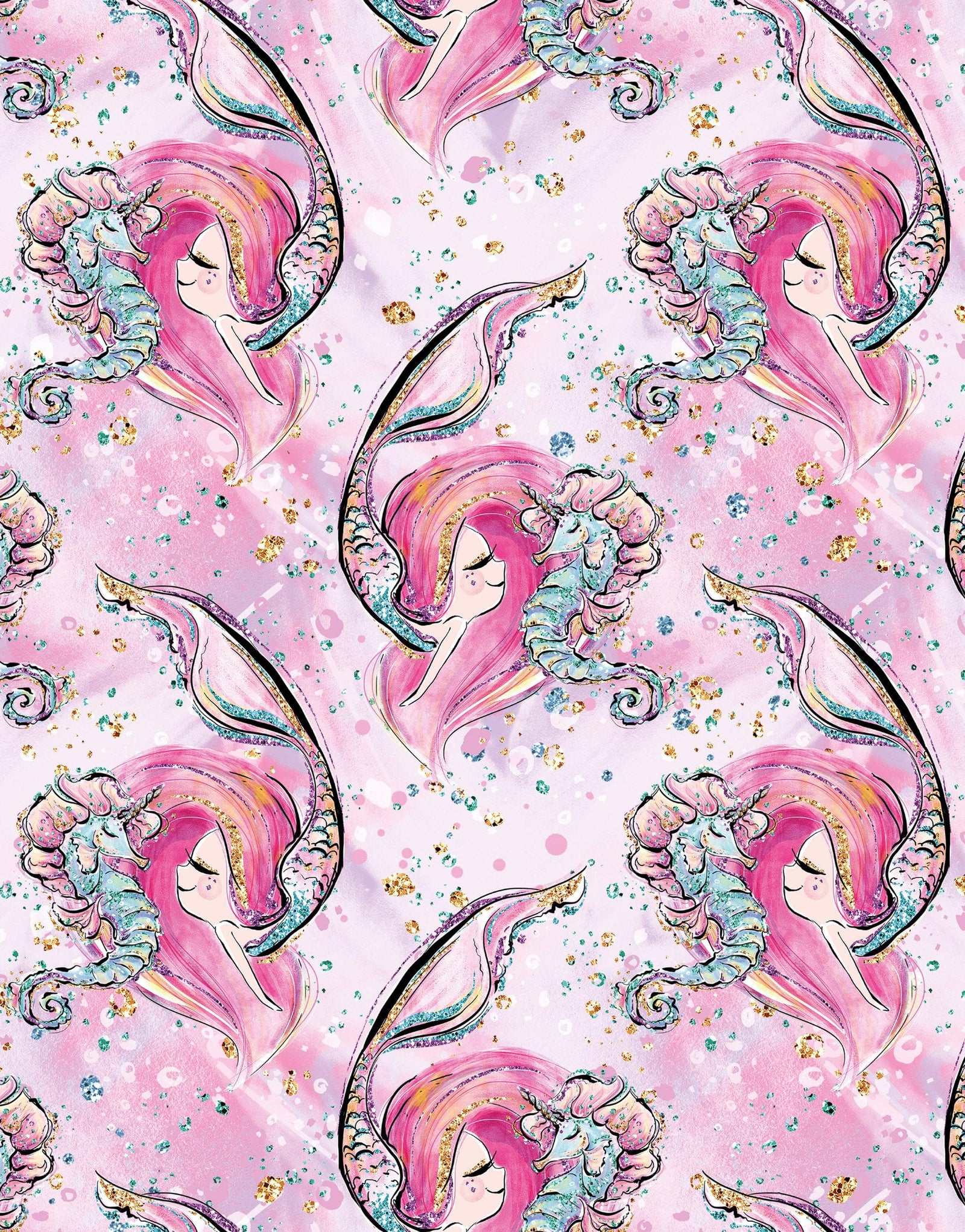 Mural de pared de sirena rosa. Papel tapiz autoadhesivo con una linda sirena y un caballito de mar en el océano. #6371