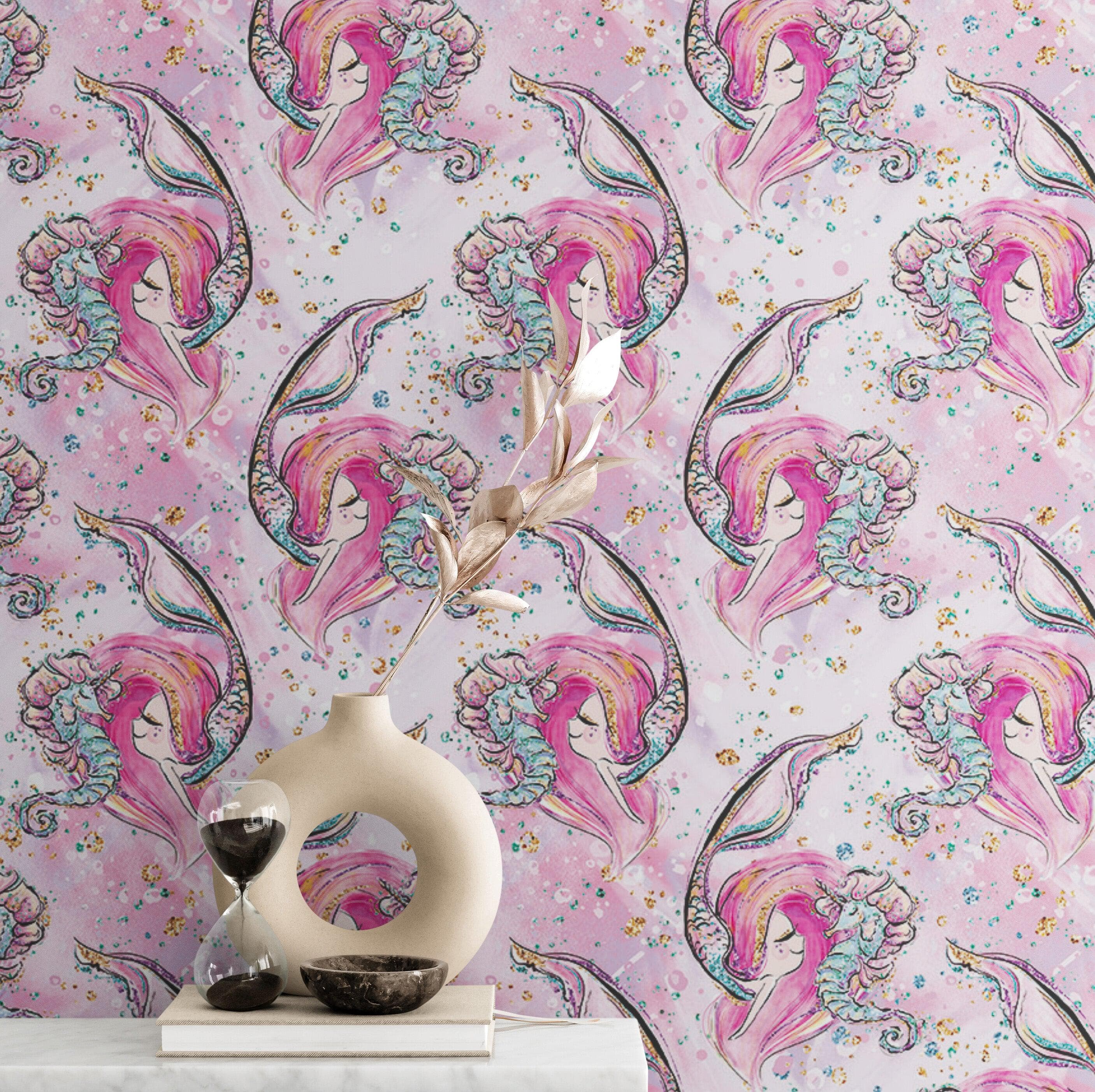 Mural de pared de sirena rosa. Papel tapiz autoadhesivo con una linda sirena y un caballito de mar en el océano. #6371