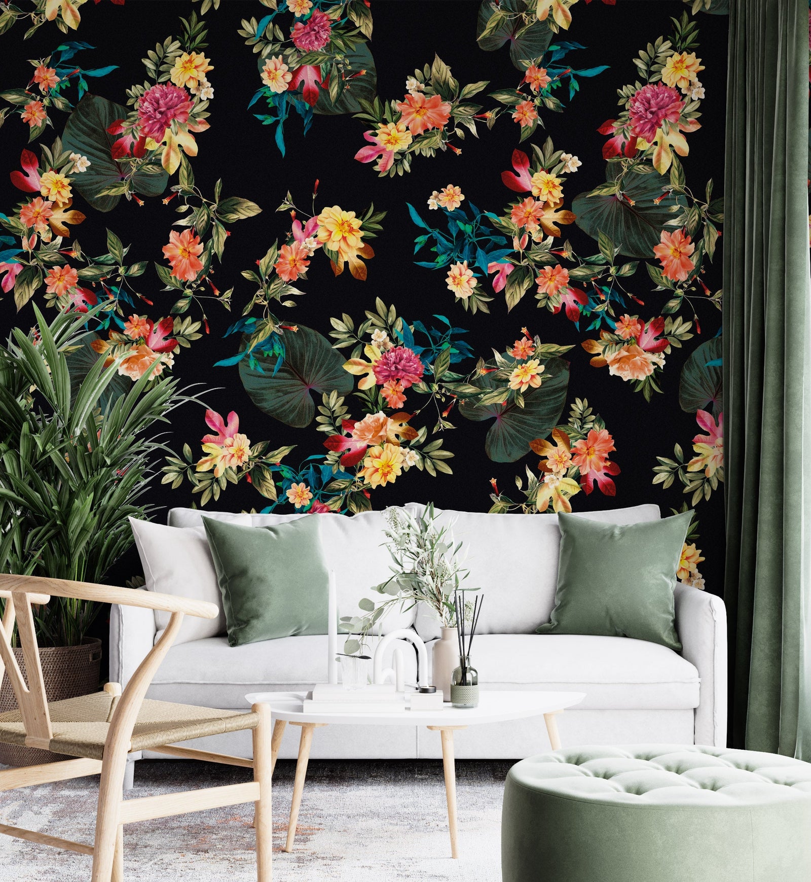 Mural de pared con flores tropicales. Fondo negro con hojas y flores botánicas del paraíso. #6372