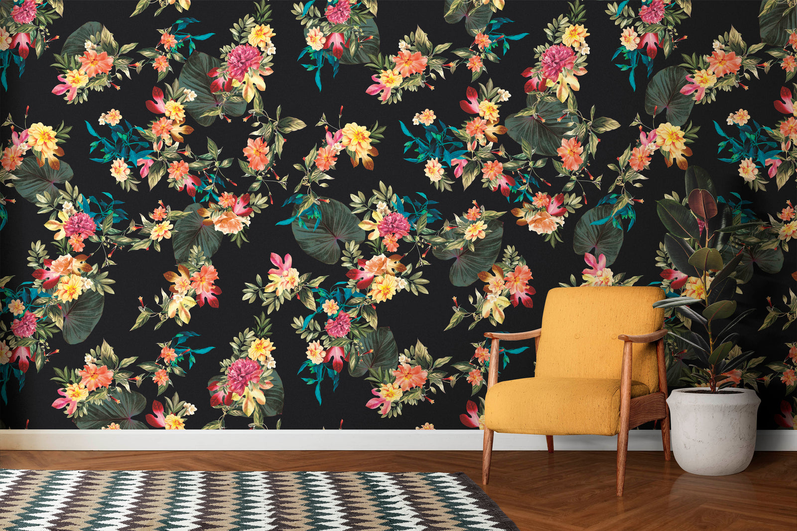 Mural de pared con flores tropicales. Fondo negro con hojas y flores botánicas del paraíso. #6372