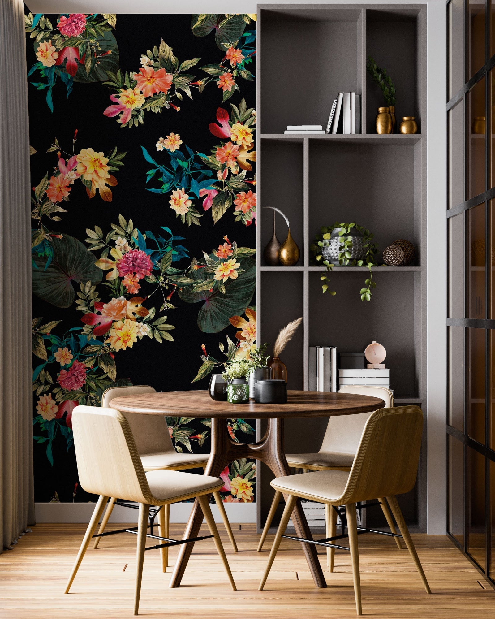 Mural de pared con flores tropicales. Fondo negro con hojas y flores botánicas del paraíso. #6372