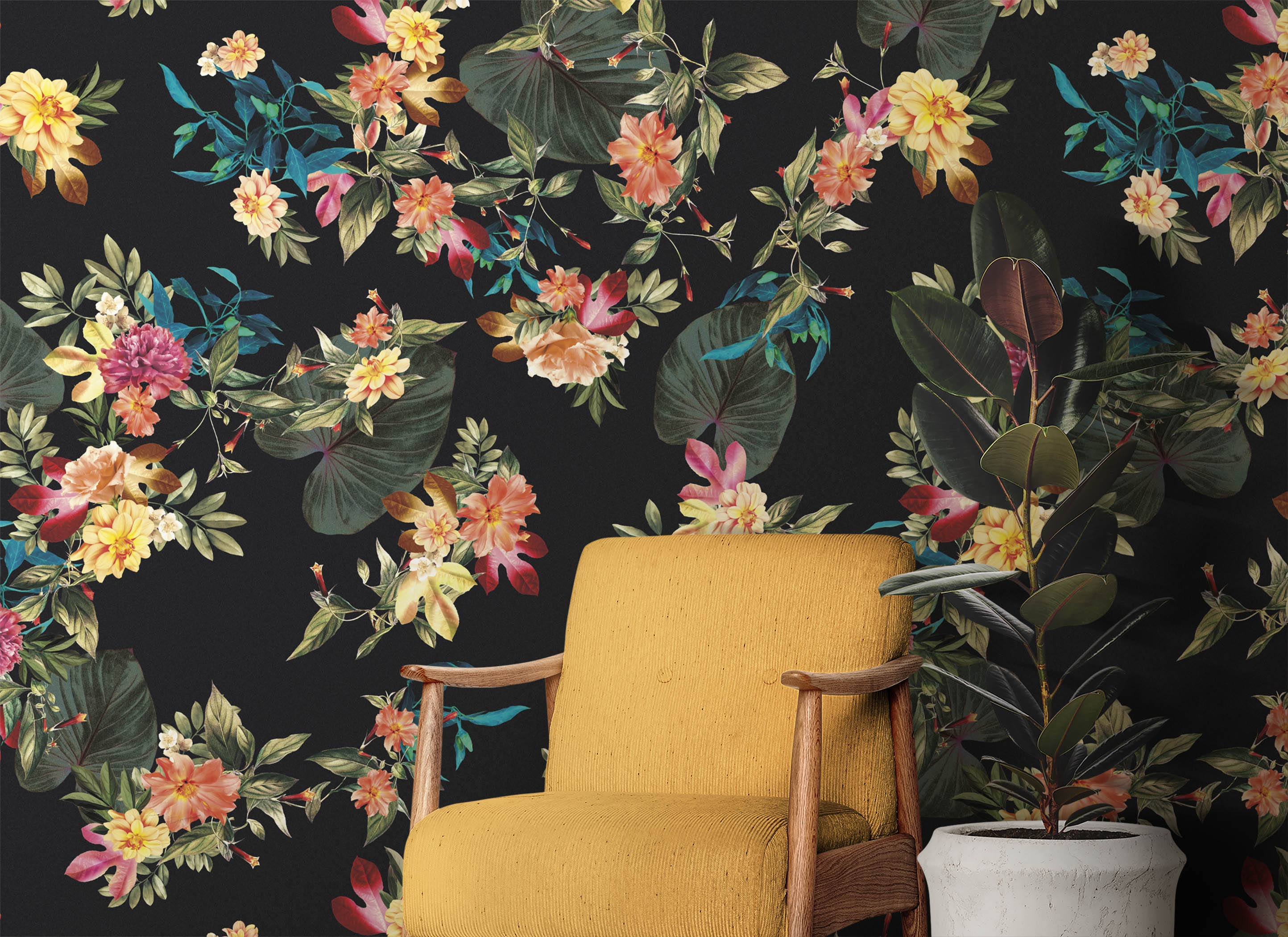 Mural de pared con flores tropicales. Fondo negro con hojas y flores botánicas del paraíso. #6372