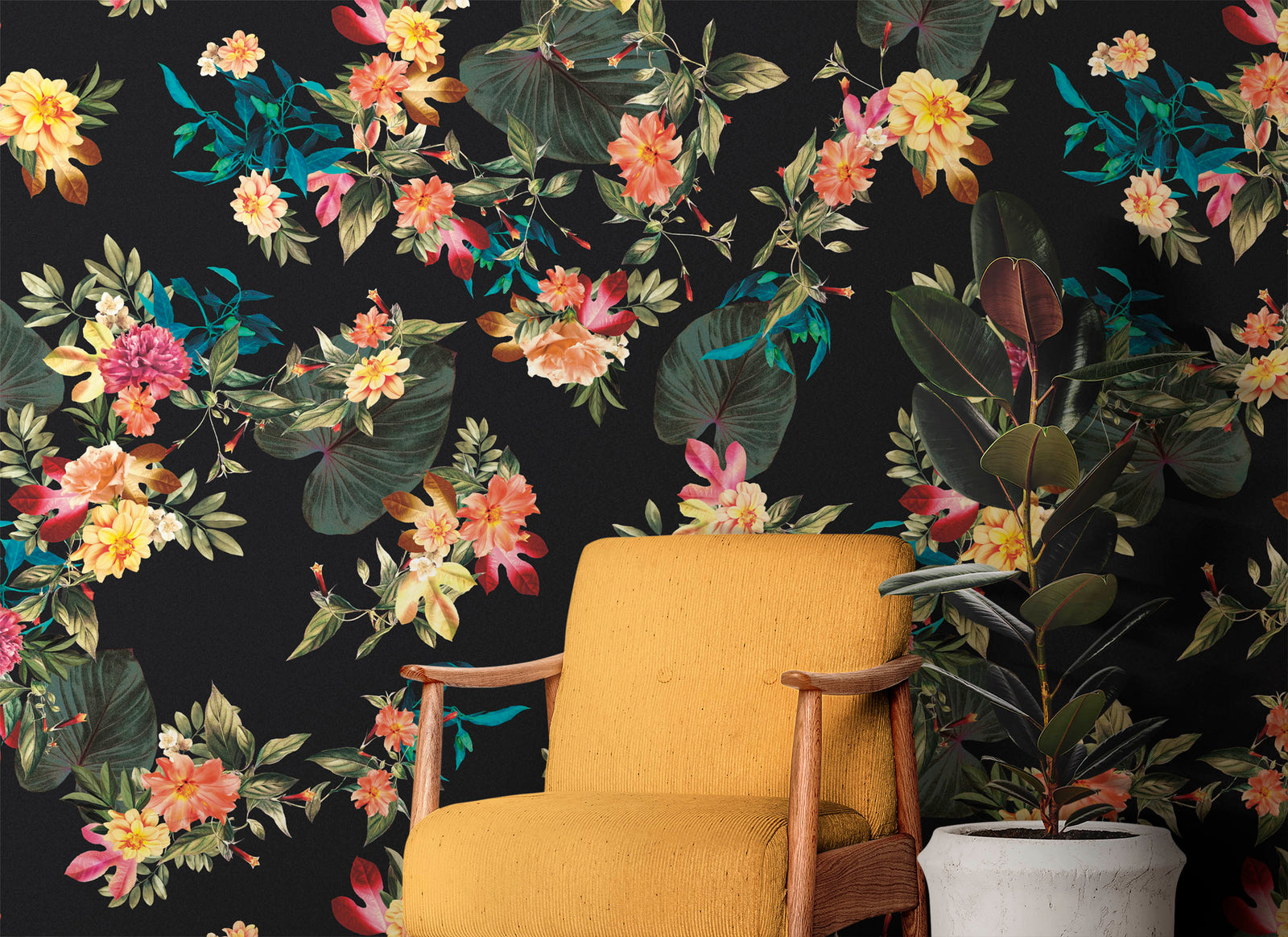 Mural de pared con flores tropicales. Fondo negro con hojas y flores botánicas del paraíso. #6372