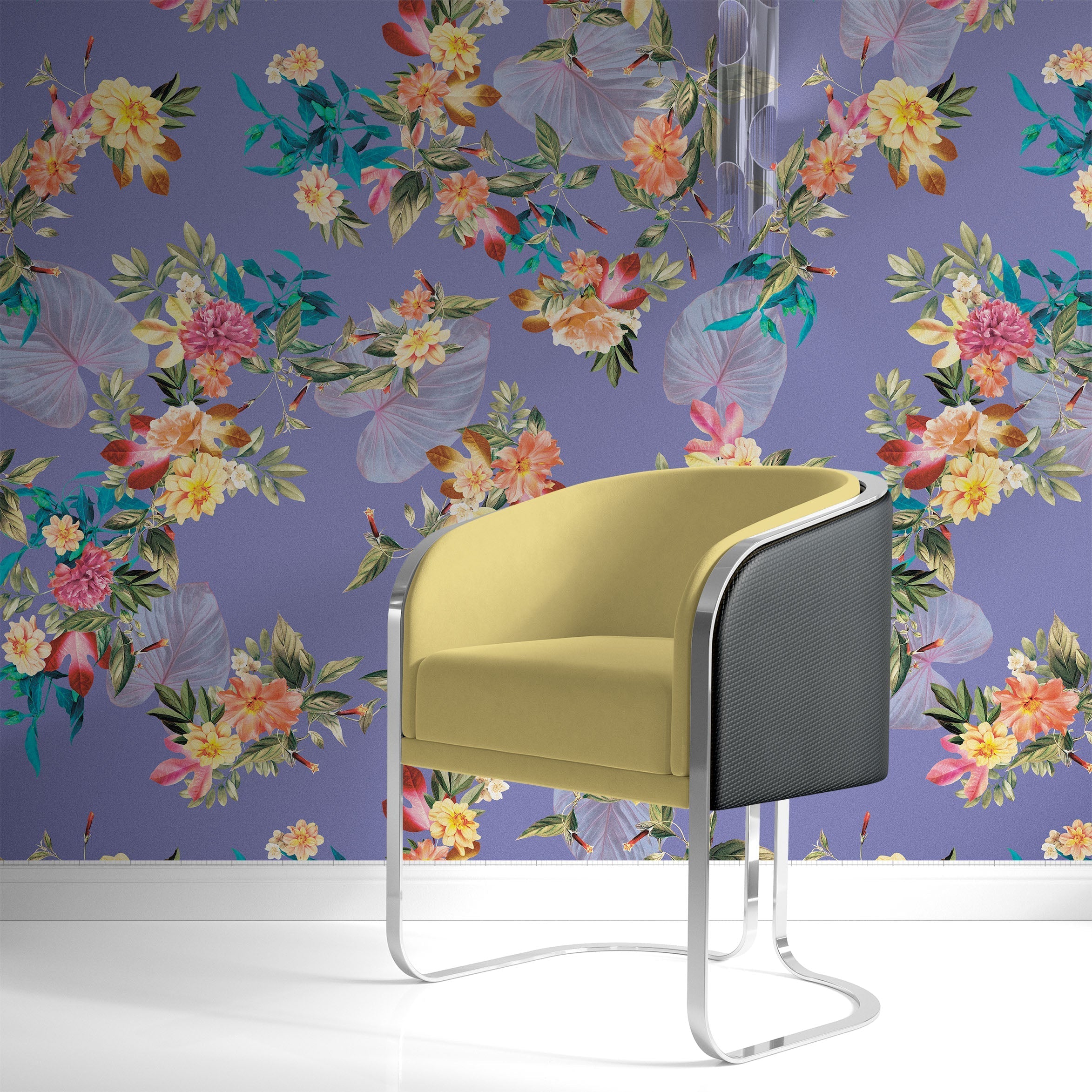 Mural de pared con flores tropicales. Flores botánicas del paraíso y hojas de color violeta muy peri. #6376