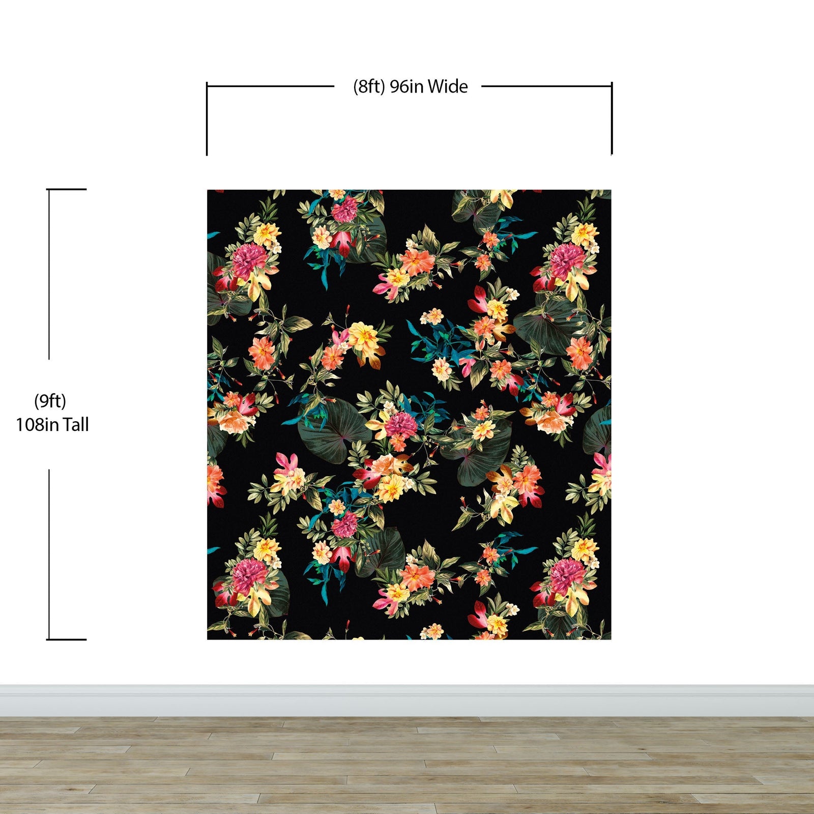 Mural de pared con flores tropicales. Fondo negro con hojas y flores botánicas del paraíso. #6372