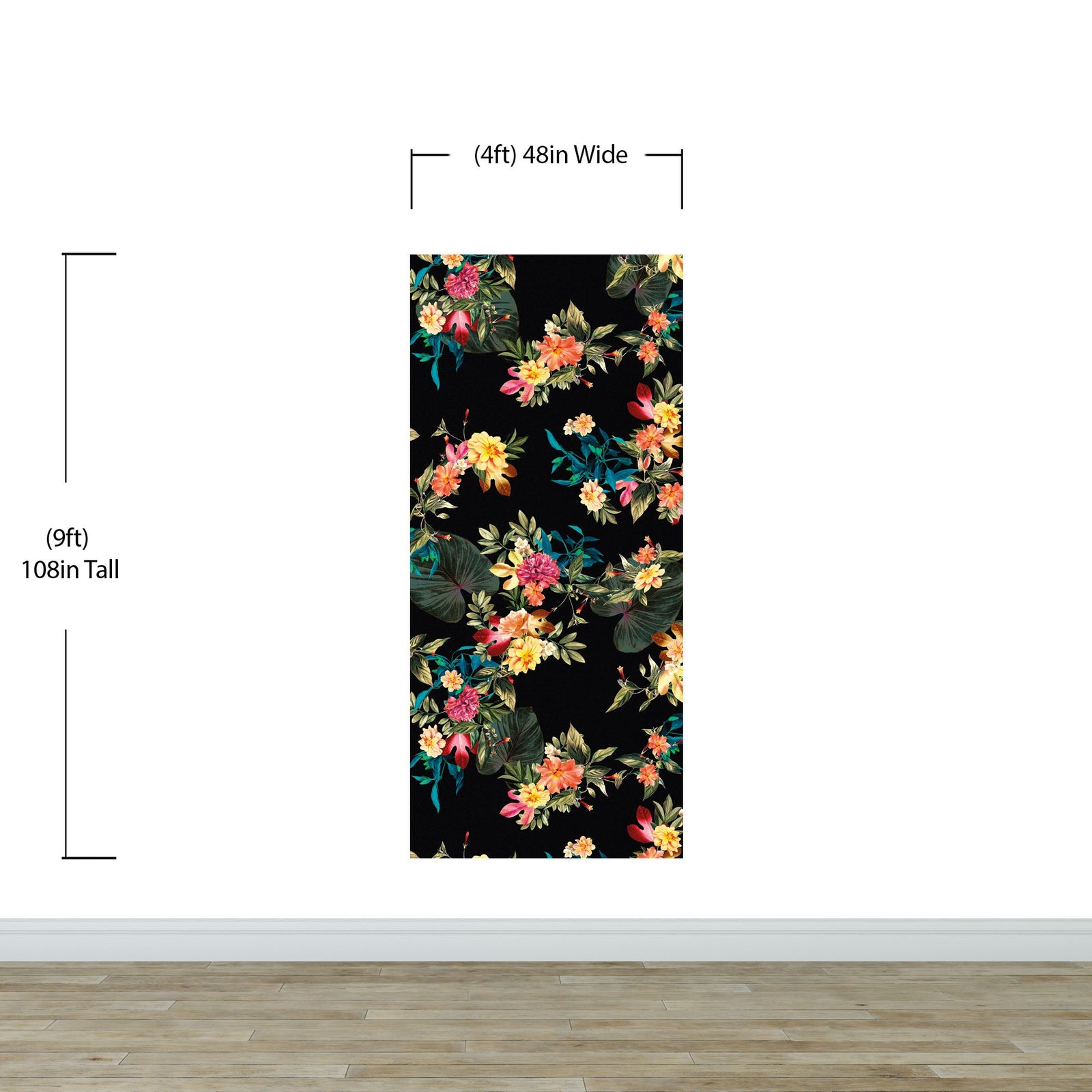 Mural de pared con flores tropicales. Fondo negro con hojas y flores botánicas del paraíso. #6372