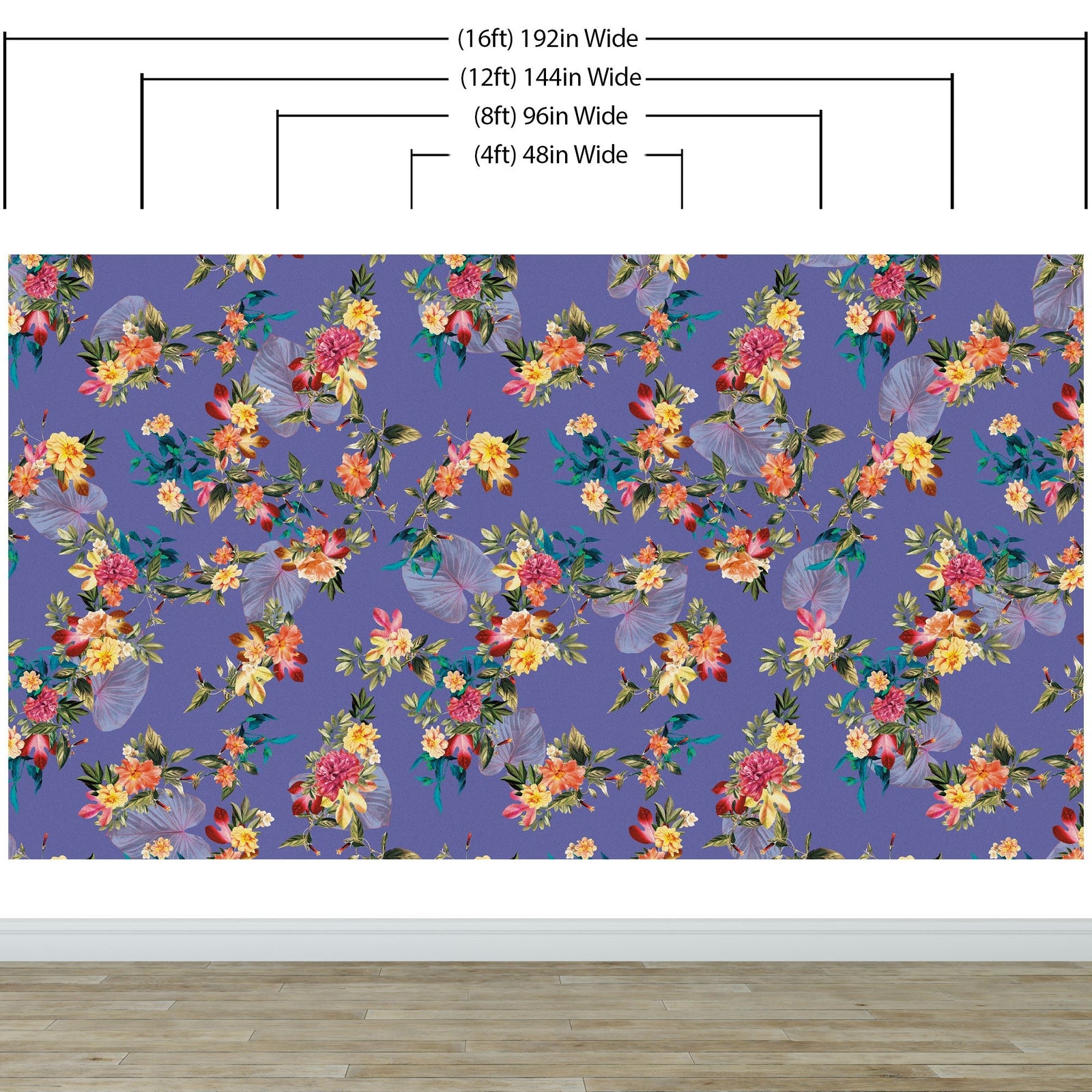Mural de pared con flores tropicales. Flores botánicas del paraíso y hojas de color violeta muy peri. #6376