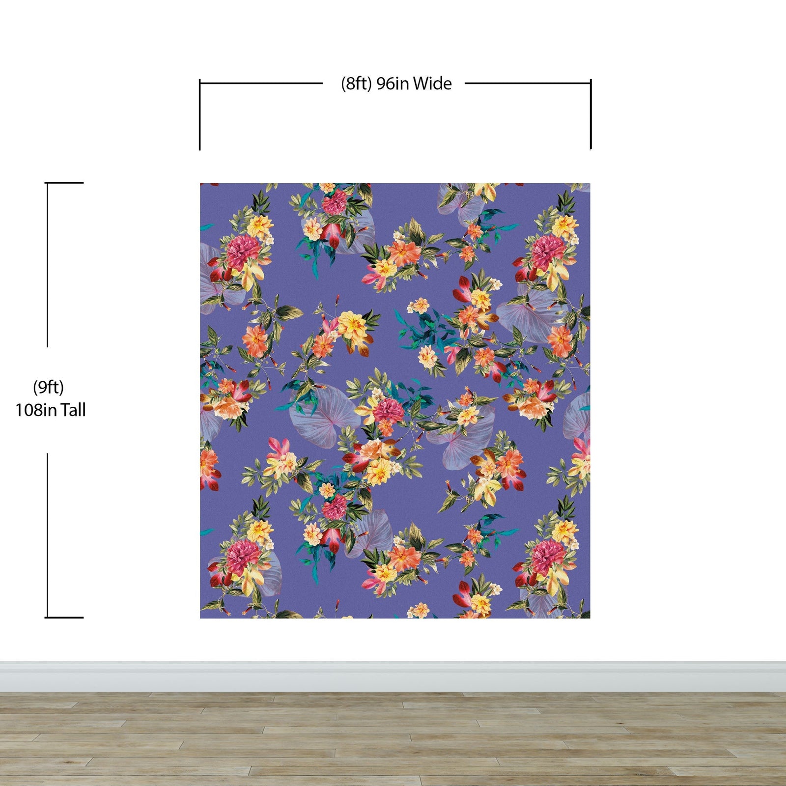 Mural de pared con flores tropicales. Flores botánicas del paraíso y hojas de color violeta muy peri. #6376