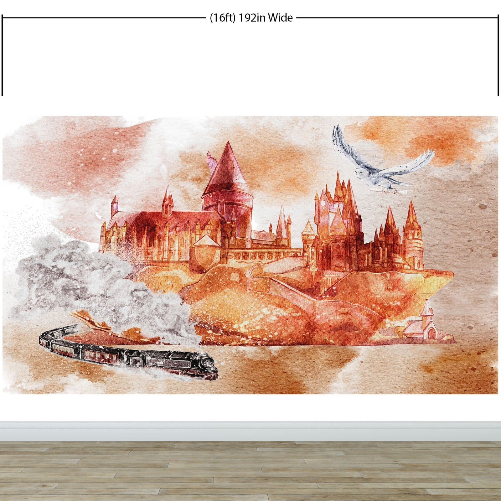 Mural de pared de Wizardly World. Tema de fantasía con papel tapiz autoadhesivo de castillo, tren y búho. N.º 6373