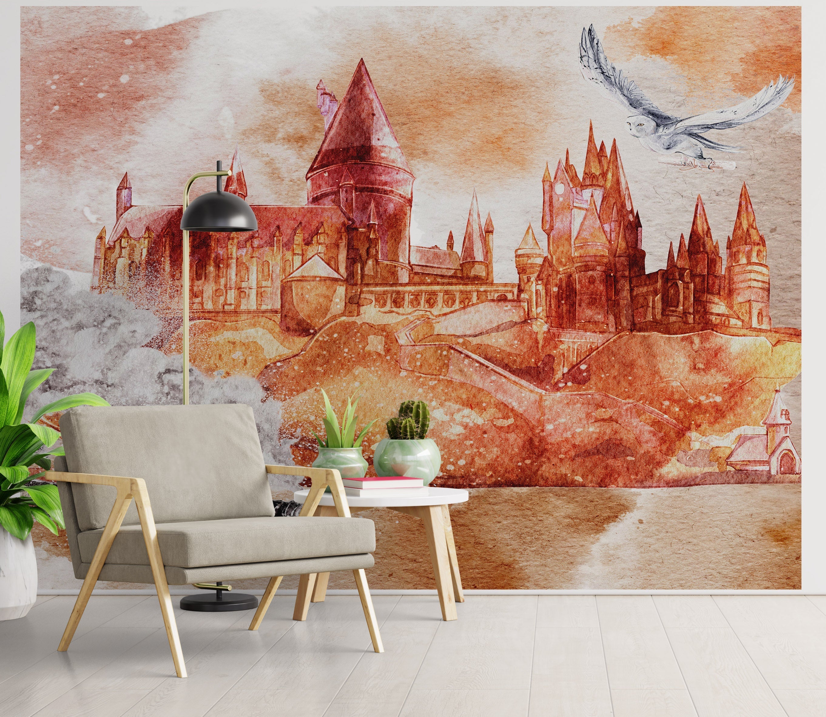Mural de pared de Wizardly World. Tema de fantasía con papel tapiz autoadhesivo de castillo, tren y búho. N.º 6373