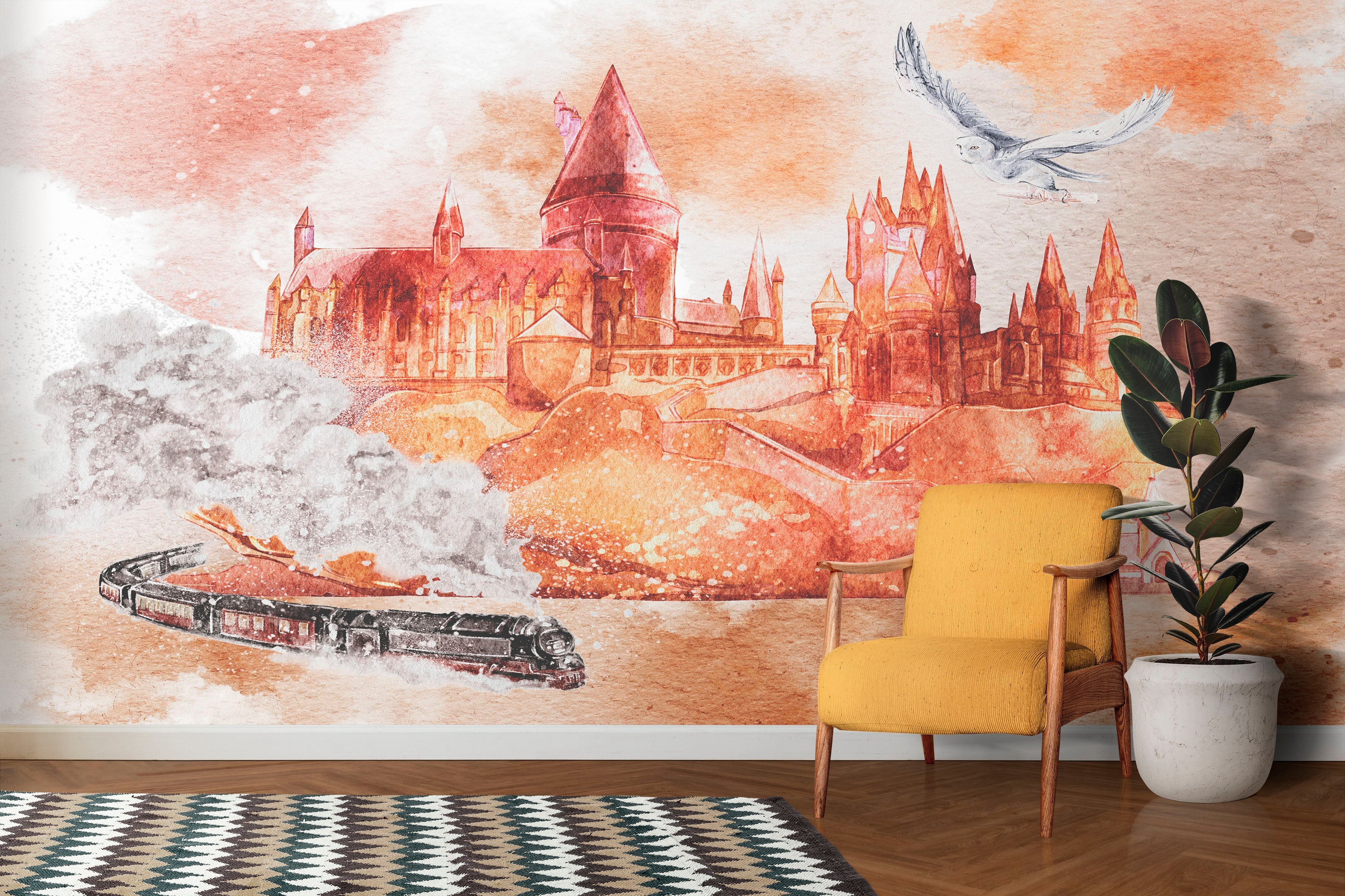 Mural de pared de Wizardly World. Tema de fantasía con papel tapiz autoadhesivo de castillo, tren y búho. N.º 6373