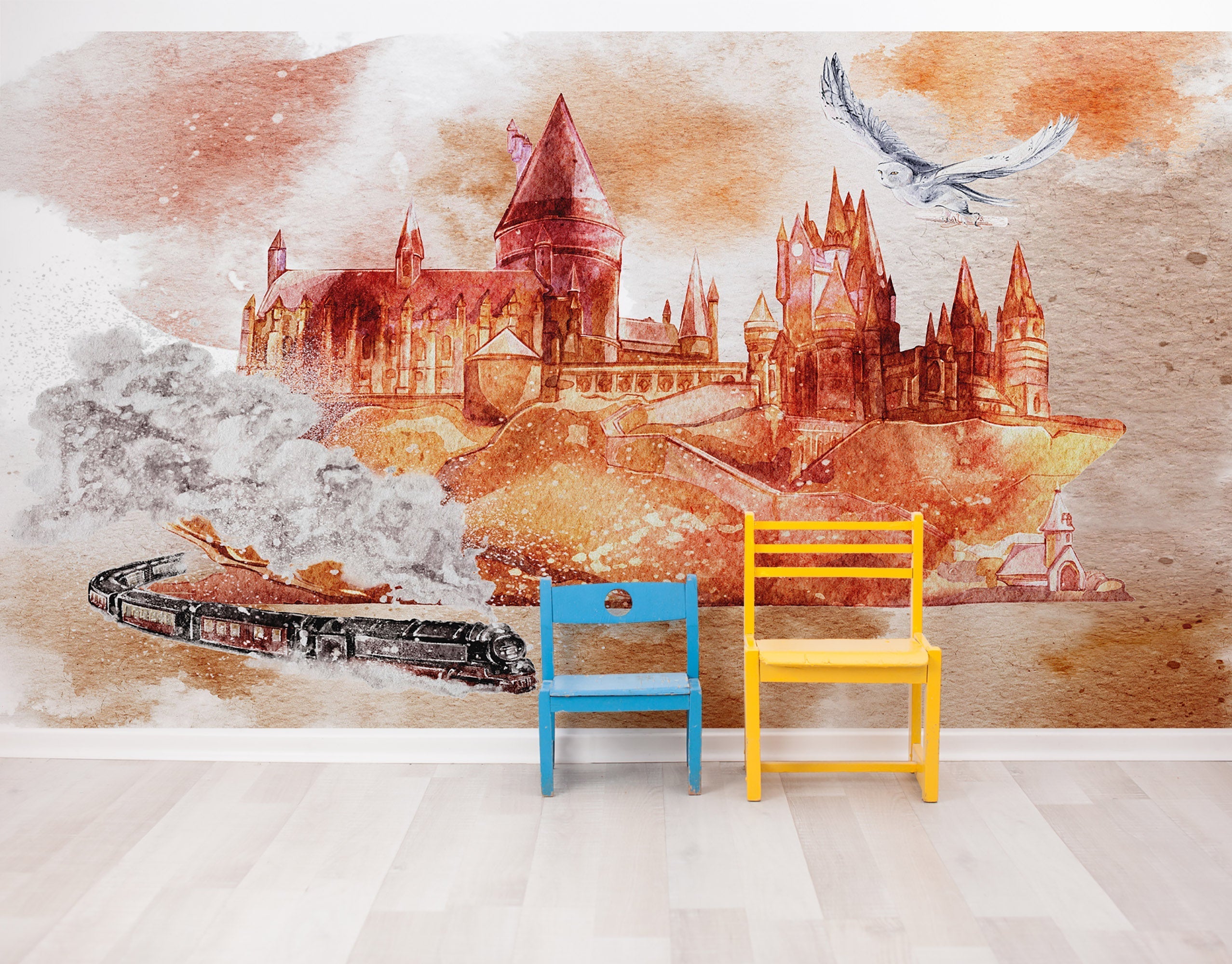 Mural de pared de Wizardly World. Tema de fantasía con papel tapiz autoadhesivo de castillo, tren y búho. N.º 6373