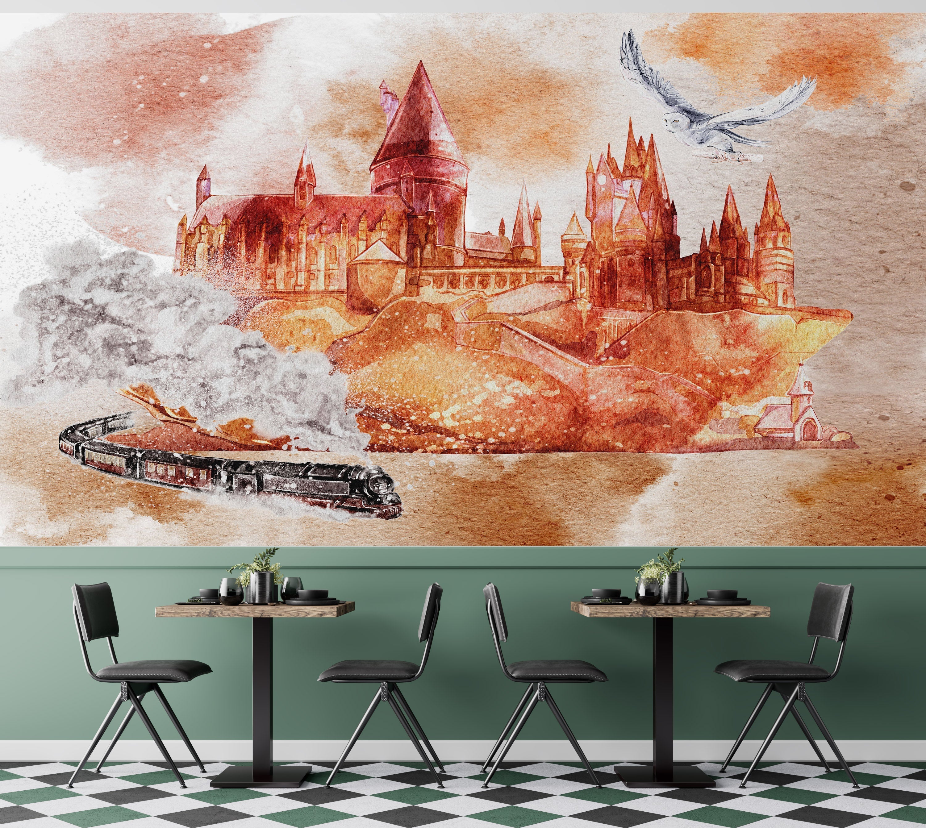 Mural de pared de Wizardly World. Tema de fantasía con papel tapiz autoadhesivo de castillo, tren y búho. N.º 6373
