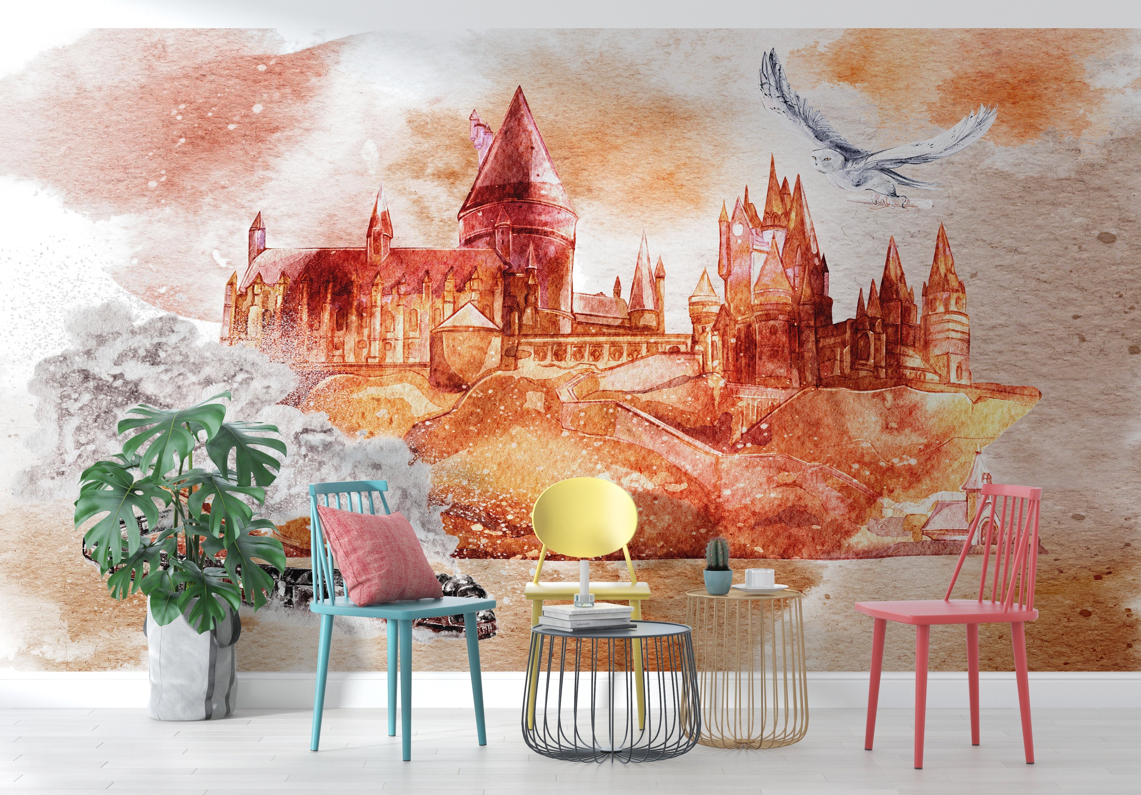 Mural de pared de Wizardly World. Tema de fantasía con papel tapiz autoadhesivo de castillo, tren y búho. N.º 6373