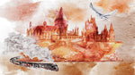 Mural de pared de Wizardly World. Tema de fantasía con papel tapiz autoadhesivo de castillo, tren y búho. N.º 6373