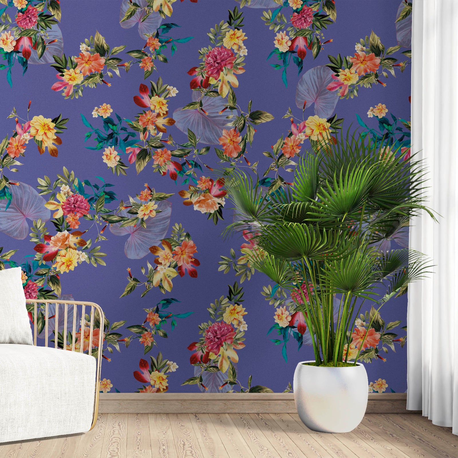 Mural de pared con flores tropicales. Flores botánicas del paraíso y hojas de color violeta muy peri. #6376