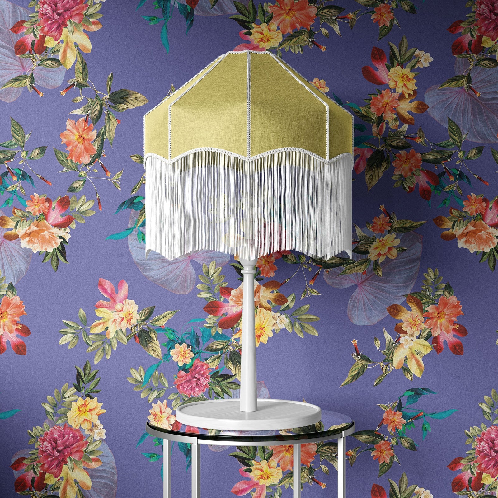 Mural de pared con flores tropicales. Flores botánicas del paraíso y hojas de color violeta muy peri. #6376