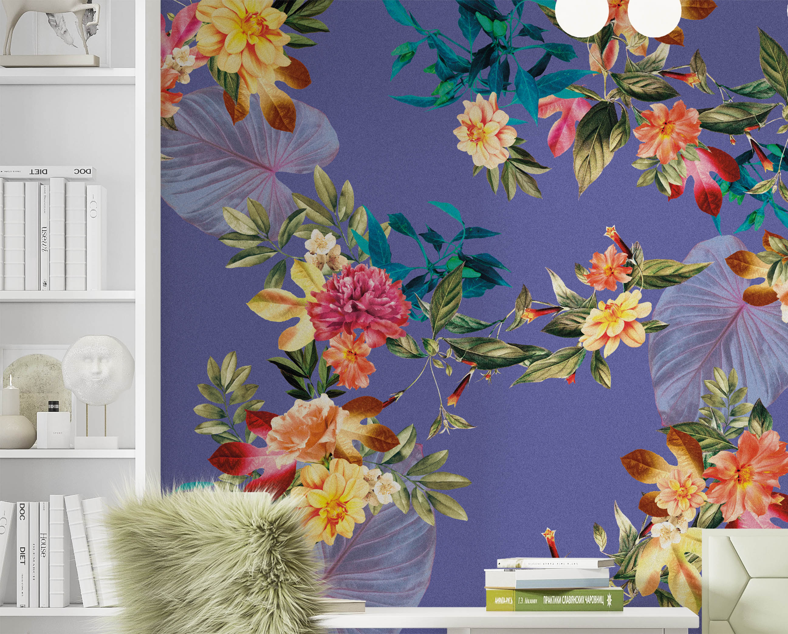 Mural de pared con flores tropicales. Flores botánicas del paraíso y hojas de color violeta muy peri. #6376