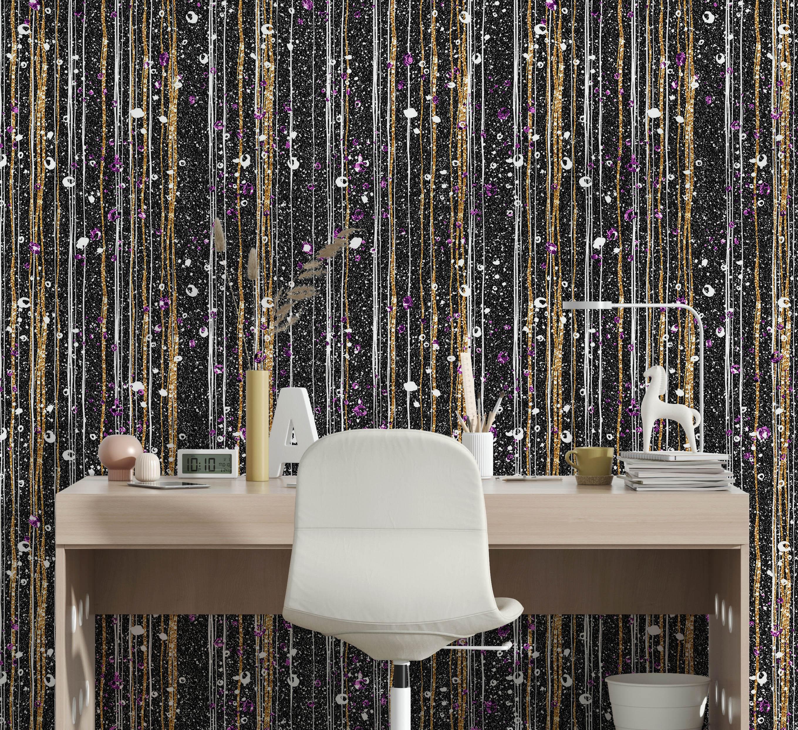 Mural de pared Glamour Gold Stripe. Papel tapiz autoadhesivo con puntos blancos y morados. N.º 6378