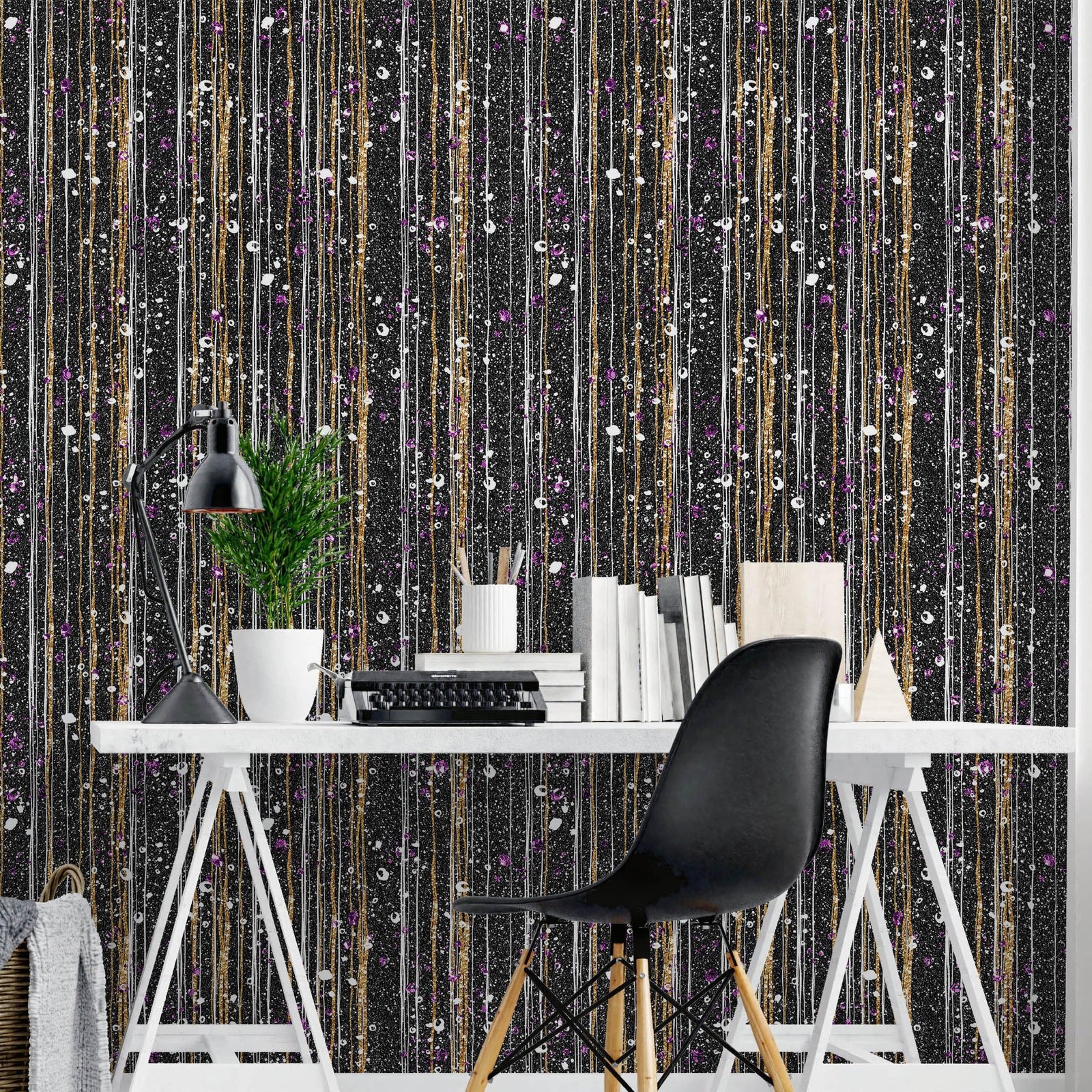 Mural de pared Glamour Gold Stripe. Papel tapiz autoadhesivo con puntos blancos y morados. N.º 6378