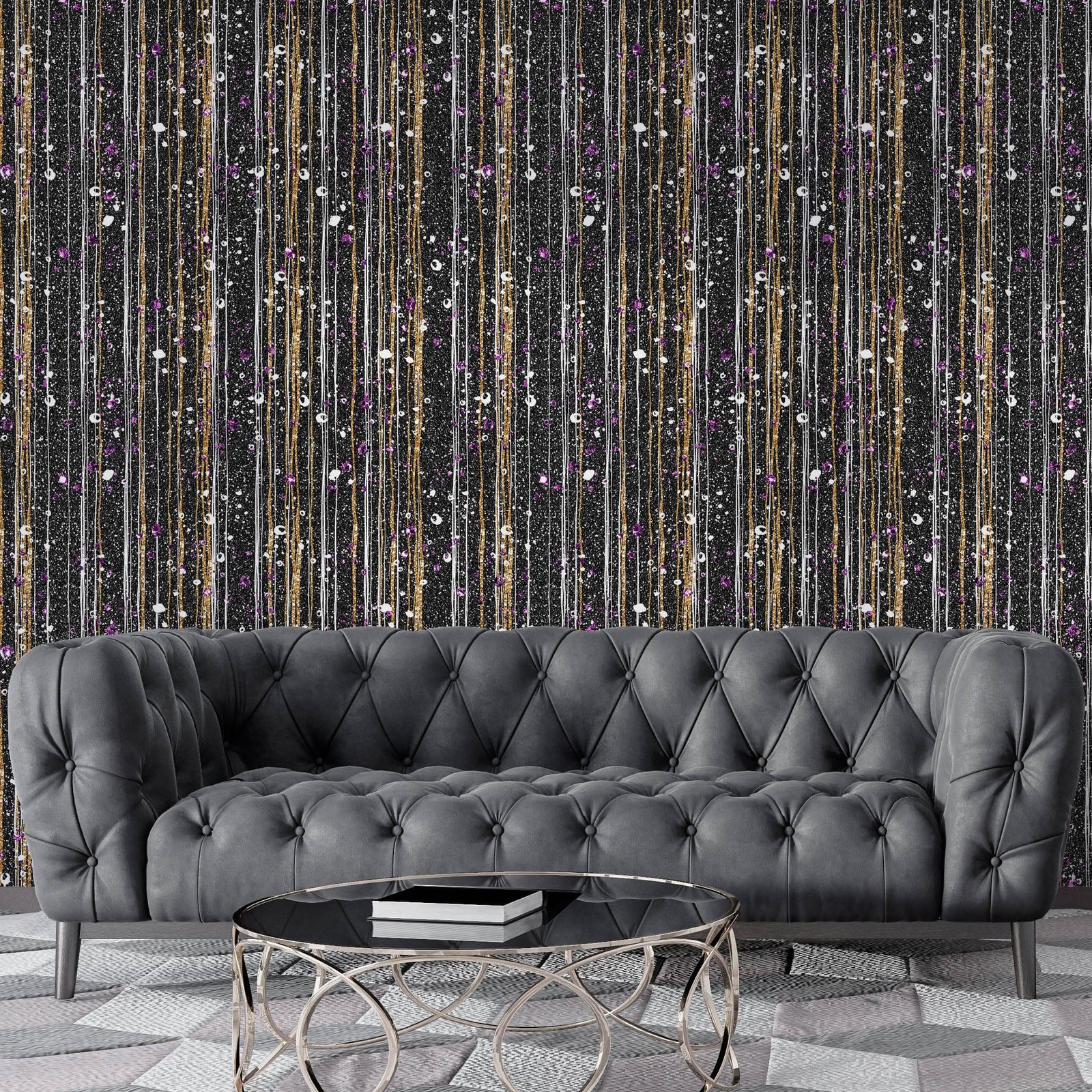 Mural de pared Glamour Gold Stripe. Papel tapiz autoadhesivo con puntos blancos y morados. N.º 6378