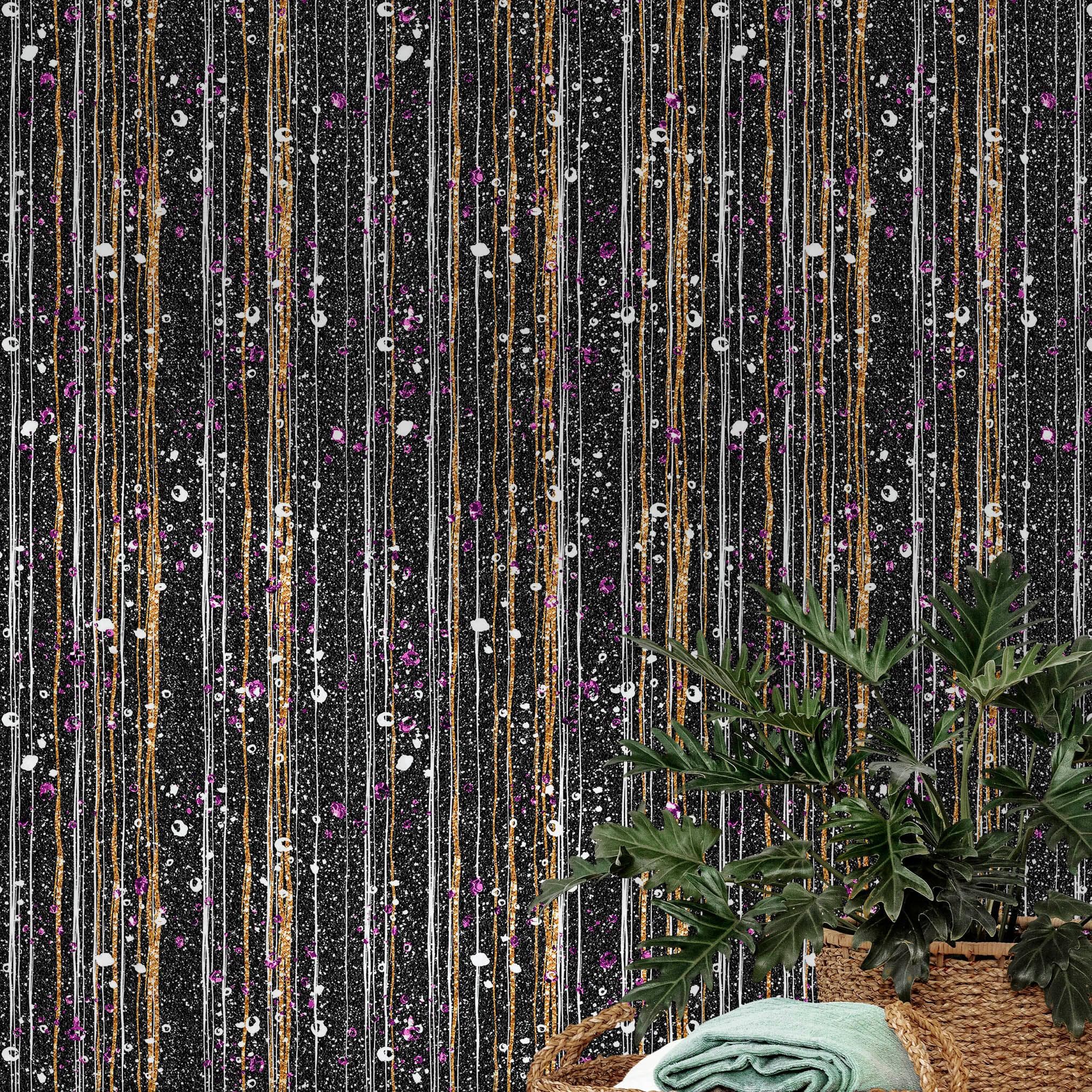 Mural de pared Glamour Gold Stripe. Papel tapiz autoadhesivo con puntos blancos y morados. N.º 6378