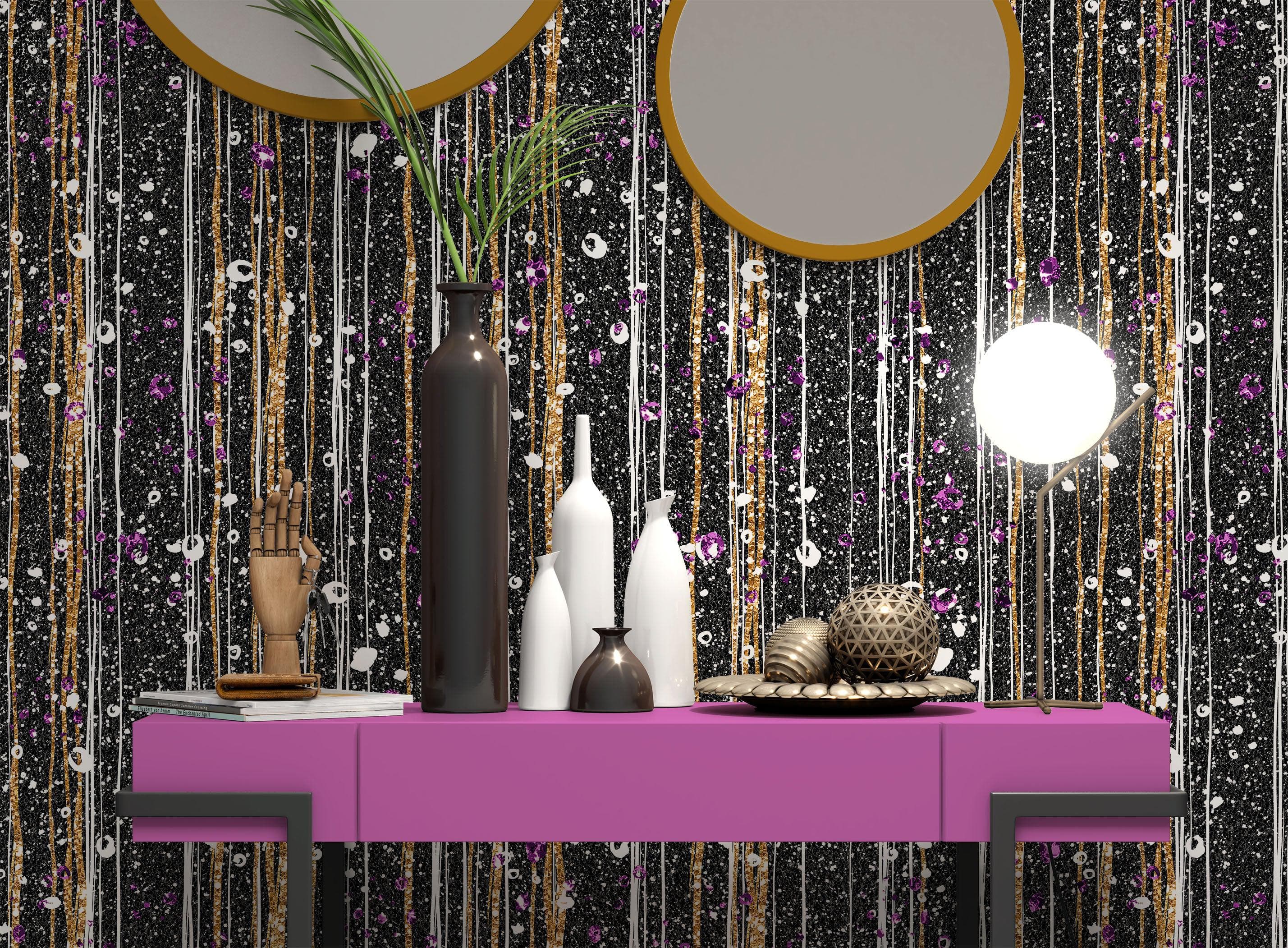 Mural de pared Glamour Gold Stripe. Papel tapiz autoadhesivo con puntos blancos y morados. N.º 6378