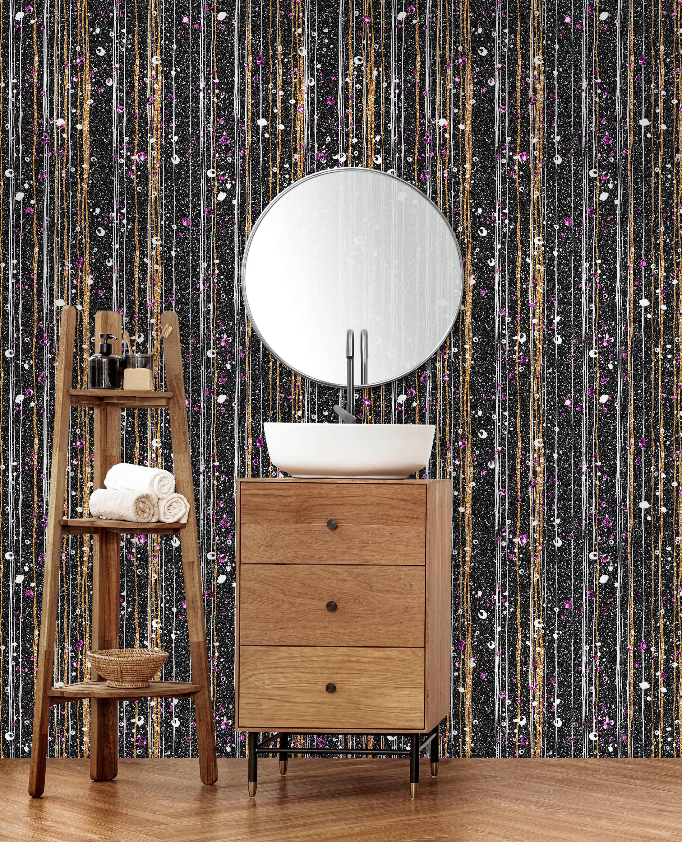 Mural de pared Glamour Gold Stripe. Papel tapiz autoadhesivo con puntos blancos y morados. N.º 6378