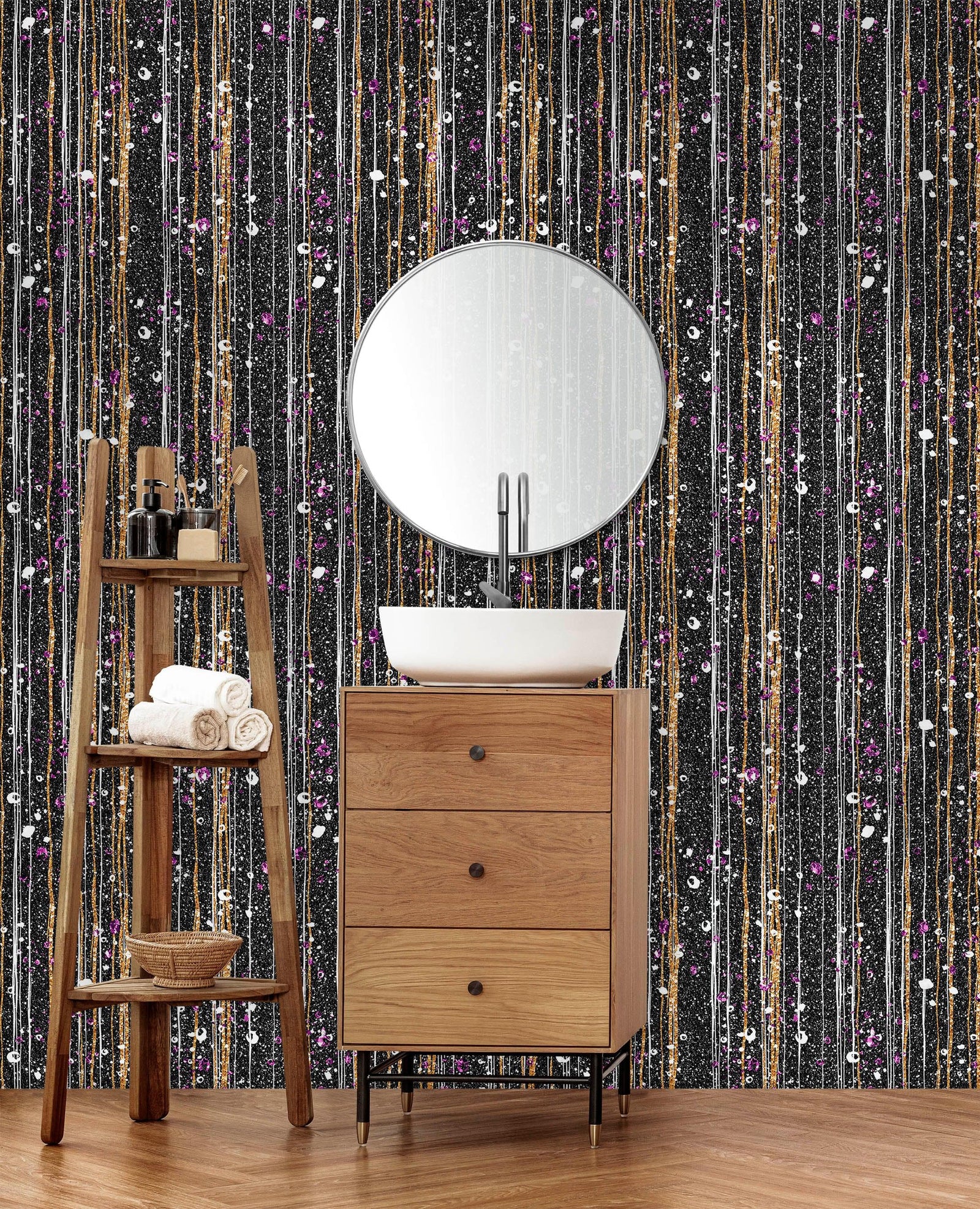 Mural de pared Glamour Gold Stripe. Papel tapiz autoadhesivo con puntos blancos y morados. N.º 6378