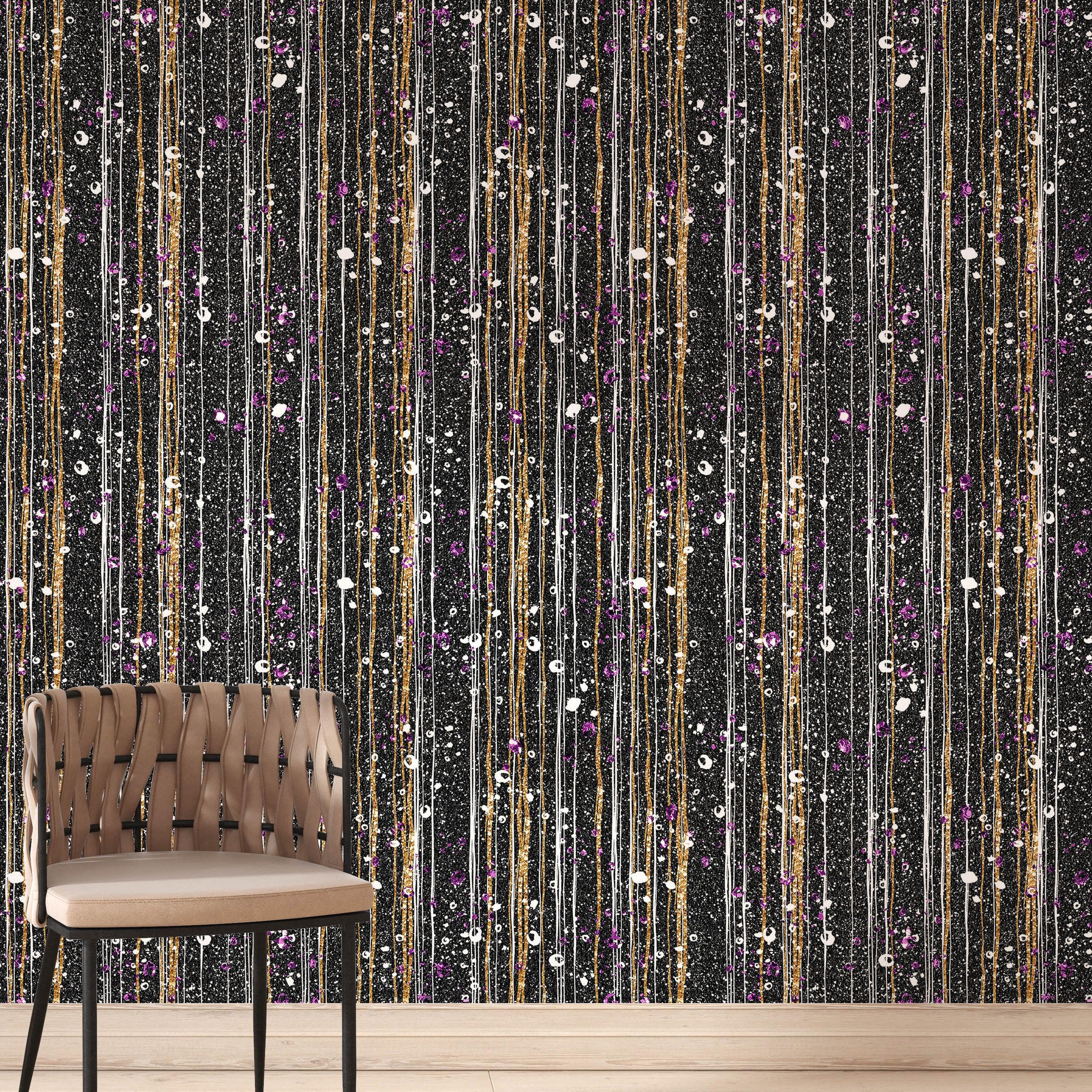 Mural de pared Glamour Gold Stripe. Papel tapiz autoadhesivo con puntos blancos y morados. N.º 6378
