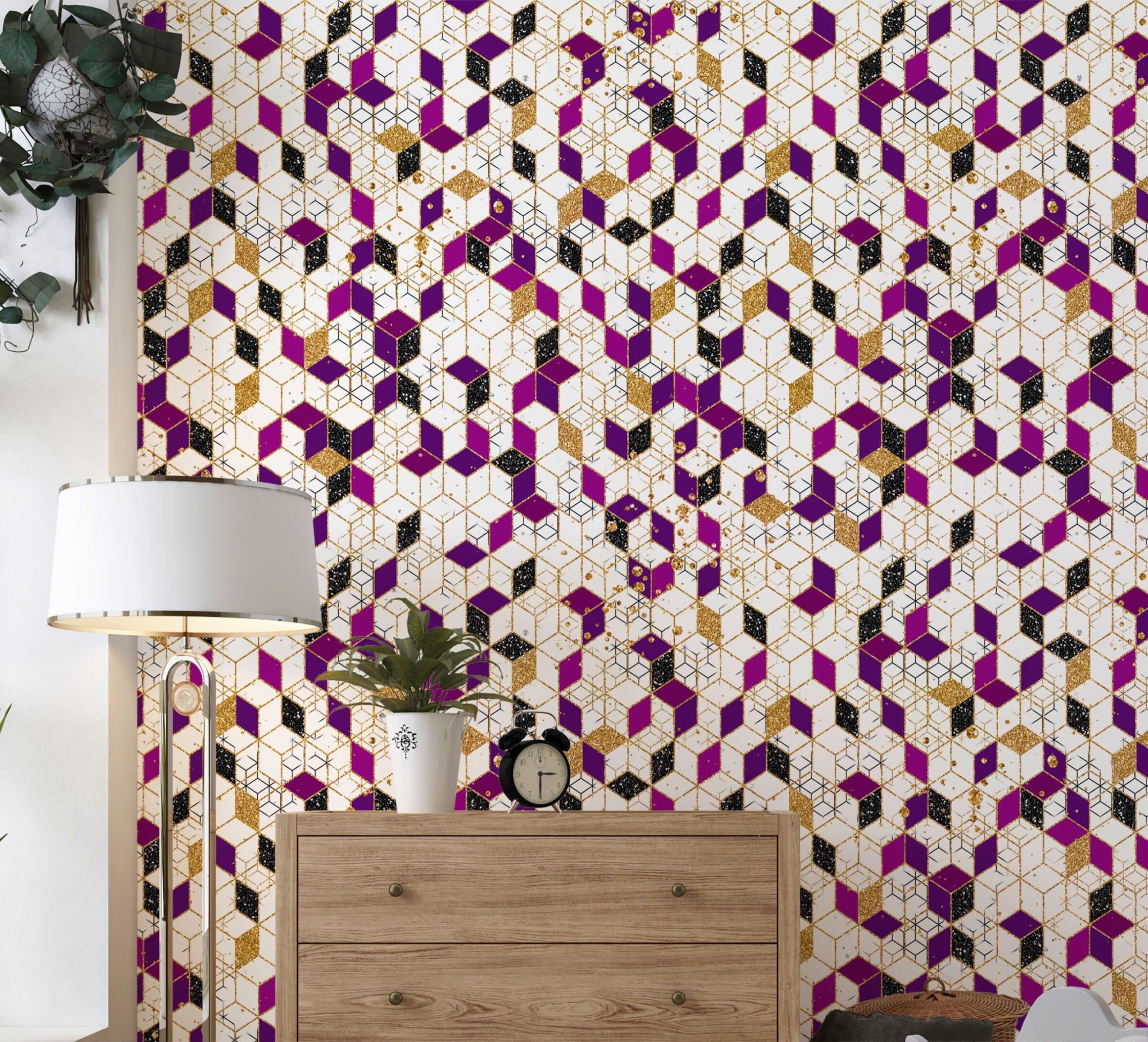 Mural de pared abstracto con forma de cubo en 3D. Papel tapiz despegable y adhesivo minimalista en morado y dorado con forma de cubo geométrico. #6380