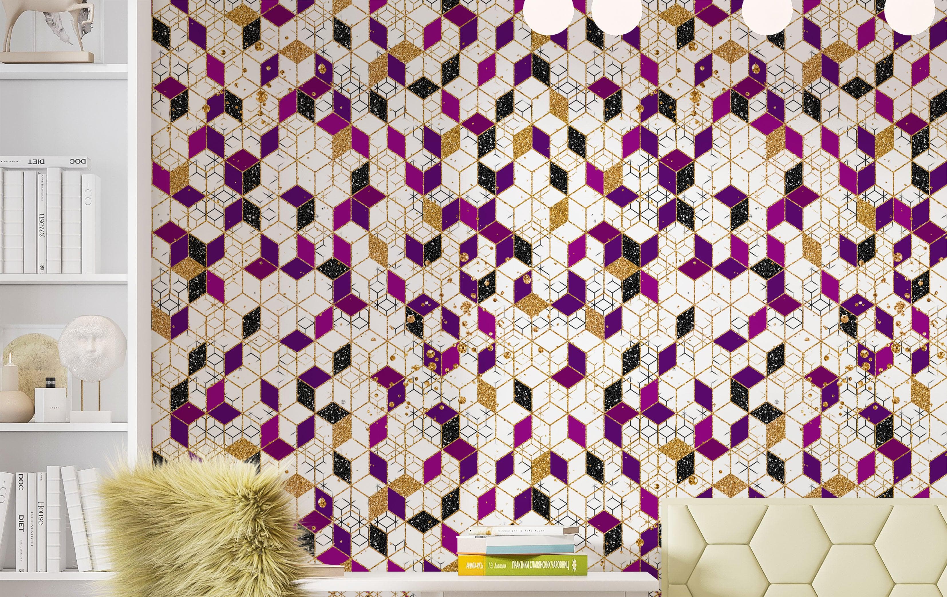 Mural de pared abstracto con forma de cubo en 3D. Papel tapiz despegable y adhesivo minimalista en morado y dorado con forma de cubo geométrico. #6380