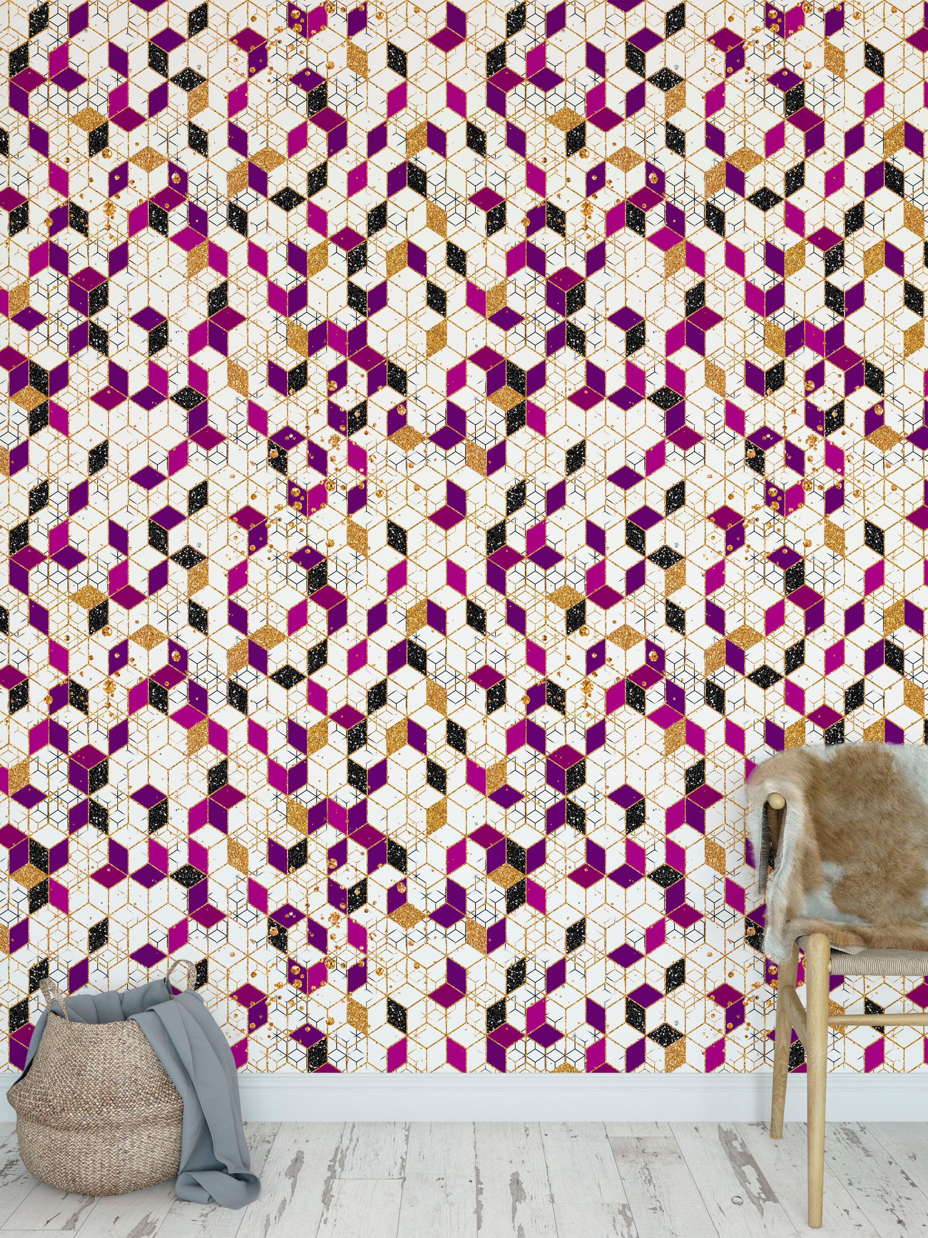Mural de pared abstracto con forma de cubo en 3D. Papel tapiz despegable y adhesivo minimalista en morado y dorado con forma de cubo geométrico. #6380