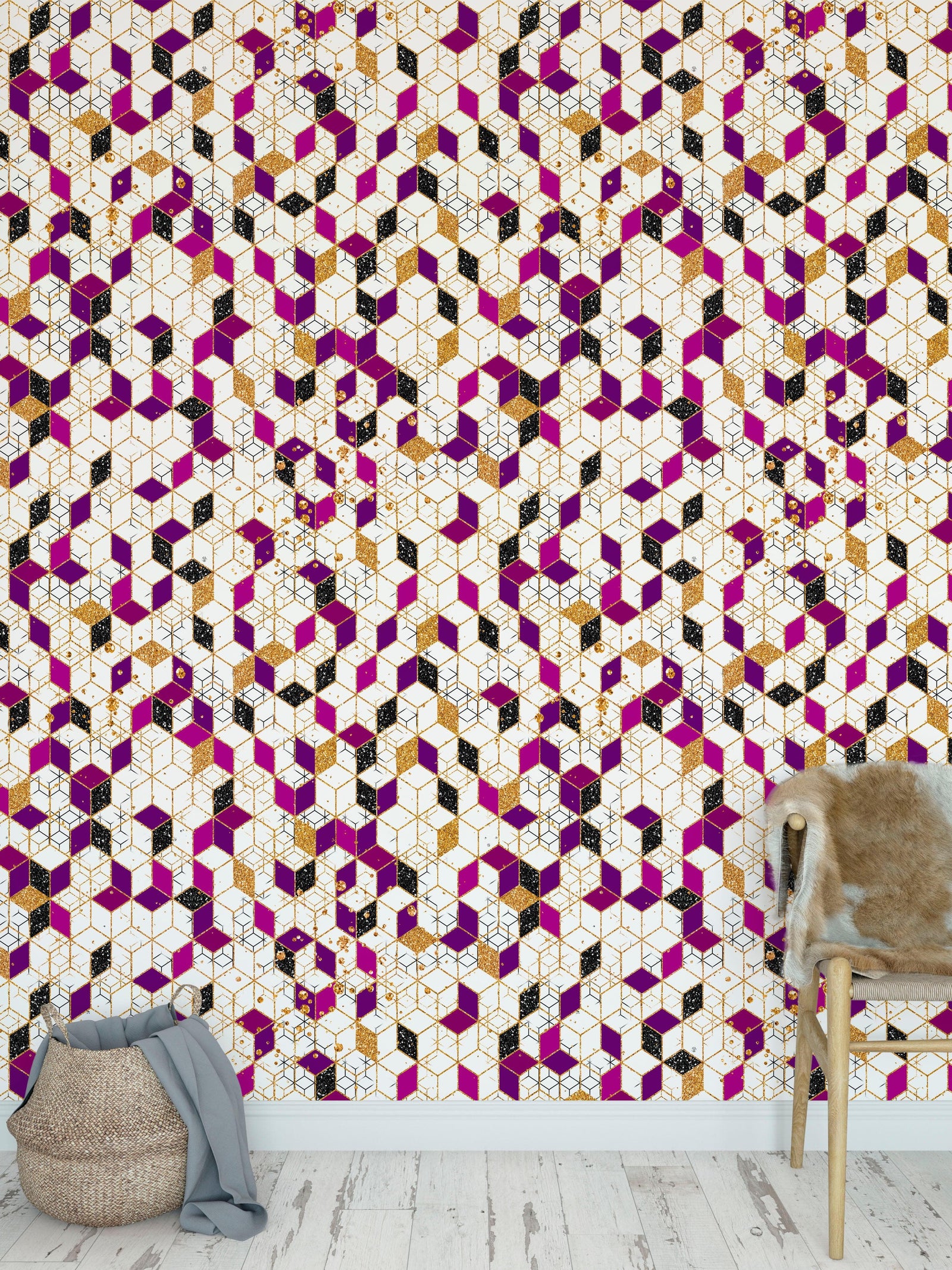 Mural de pared abstracto con forma de cubo en 3D. Papel tapiz despegable y adhesivo minimalista en morado y dorado con forma de cubo geométrico. #6380