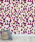 Mural de pared abstracto con forma de cubo en 3D. Papel tapiz despegable y adhesivo minimalista en morado y dorado con forma de cubo geométrico. #6380
