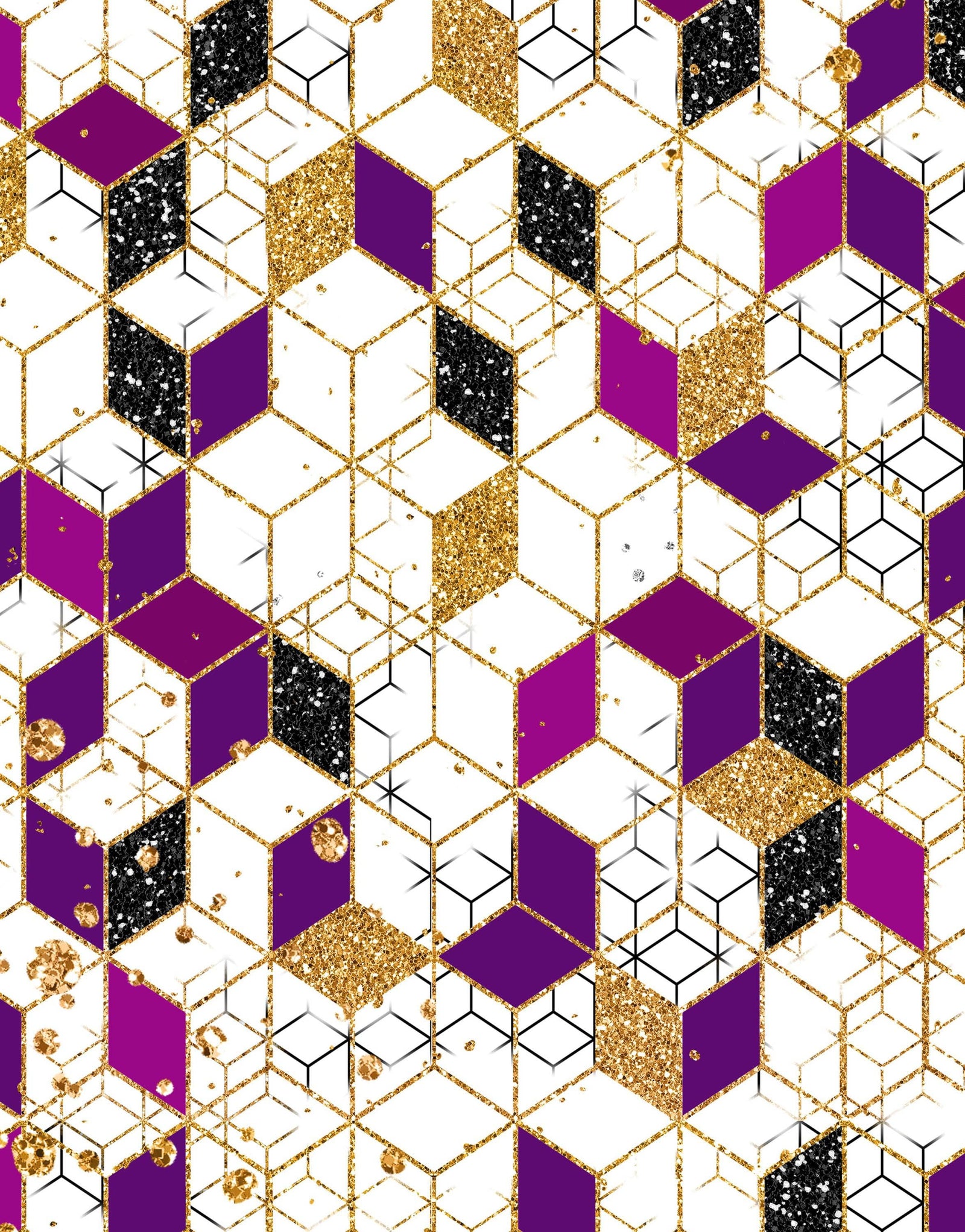 Mural de pared abstracto con forma de cubo en 3D. Papel tapiz despegable y adhesivo minimalista en morado y dorado con forma de cubo geométrico. #6380