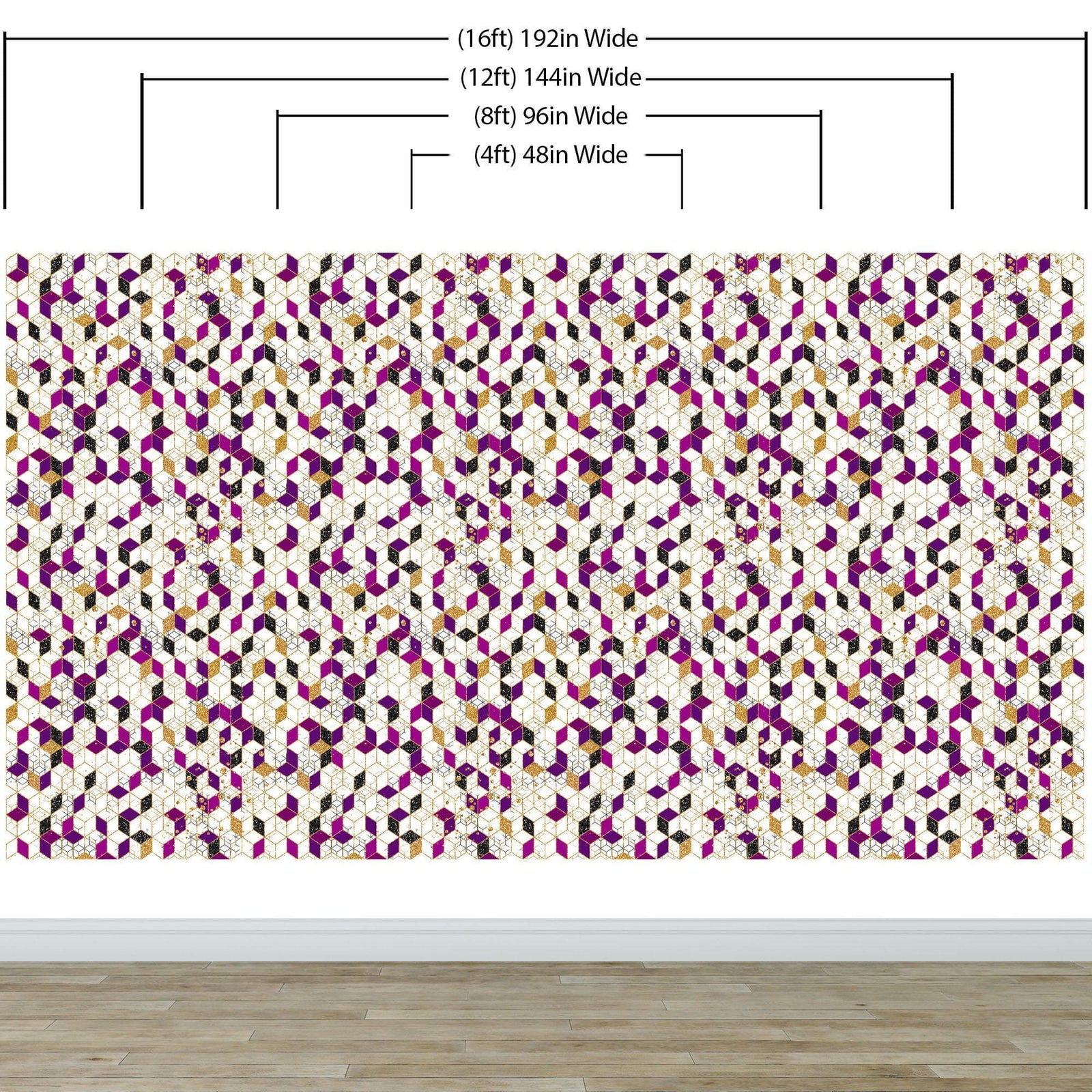 Mural de pared abstracto con forma de cubo en 3D. Papel tapiz despegable y adhesivo minimalista en morado y dorado con forma de cubo geométrico. #6380