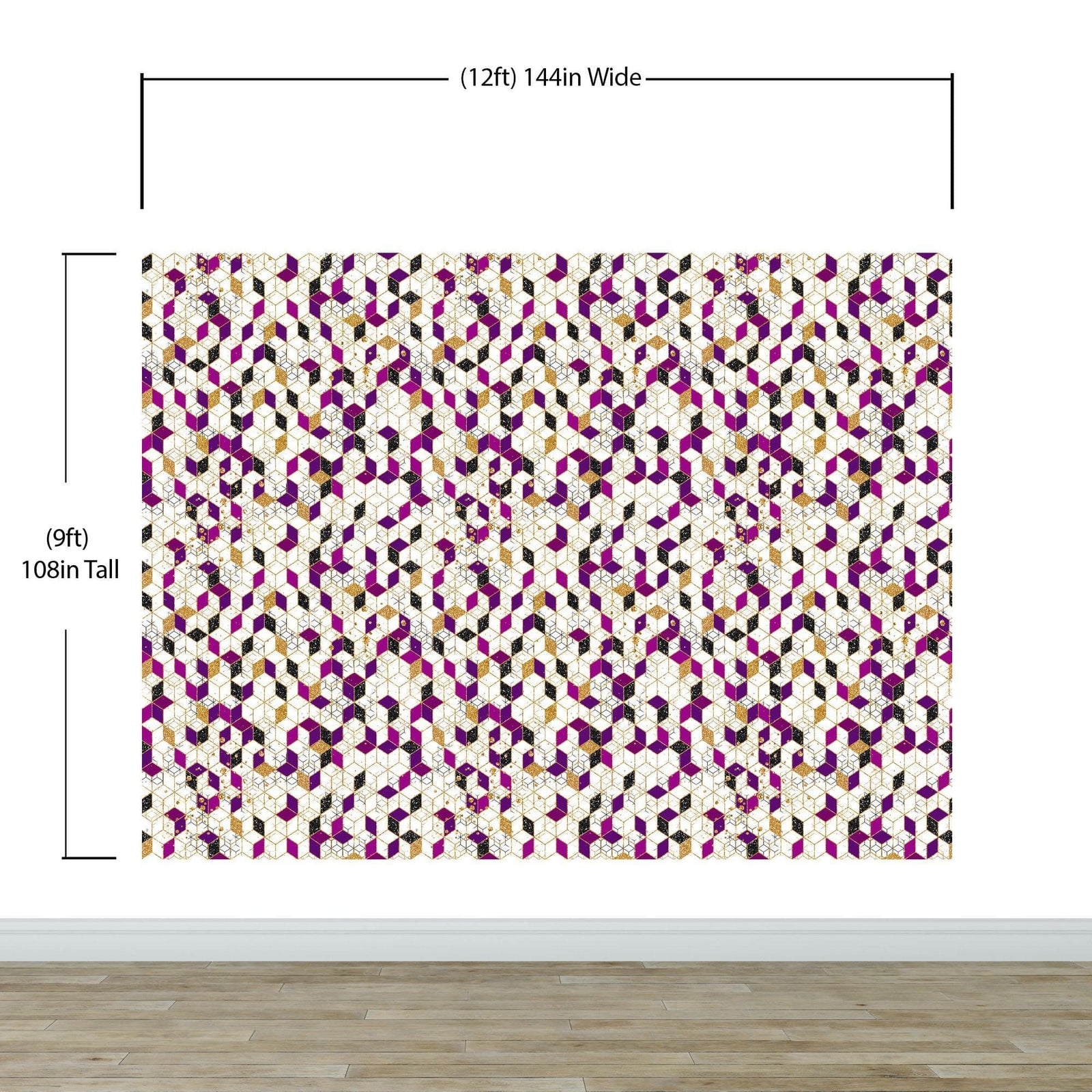 Mural de pared abstracto con forma de cubo en 3D. Papel tapiz despegable y adhesivo minimalista en morado y dorado con forma de cubo geométrico. #6380