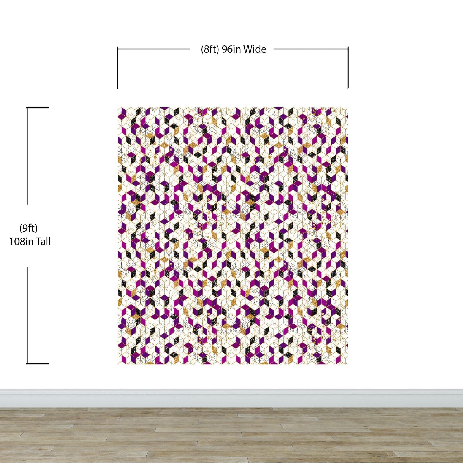 Mural de pared abstracto con forma de cubo en 3D. Papel tapiz despegable y adhesivo minimalista en morado y dorado con forma de cubo geométrico. #6380