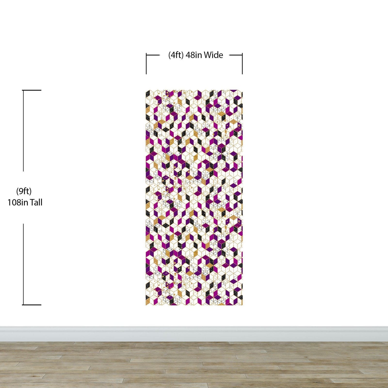 Mural de pared abstracto con forma de cubo en 3D. Papel tapiz despegable y adhesivo minimalista en morado y dorado con forma de cubo geométrico. #6380