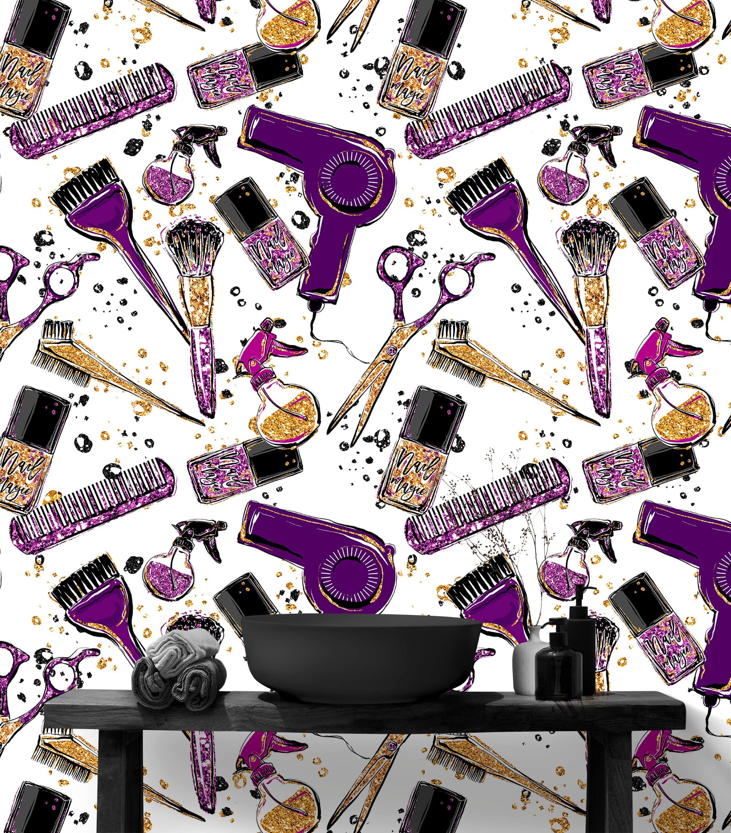 Mural de decoración de pared para salón de belleza y cosmética. Decoración de dormitorio de chica fashionista. Decoración de tocador de maquillaje. Papel tapiz autoadhesivo. #6381