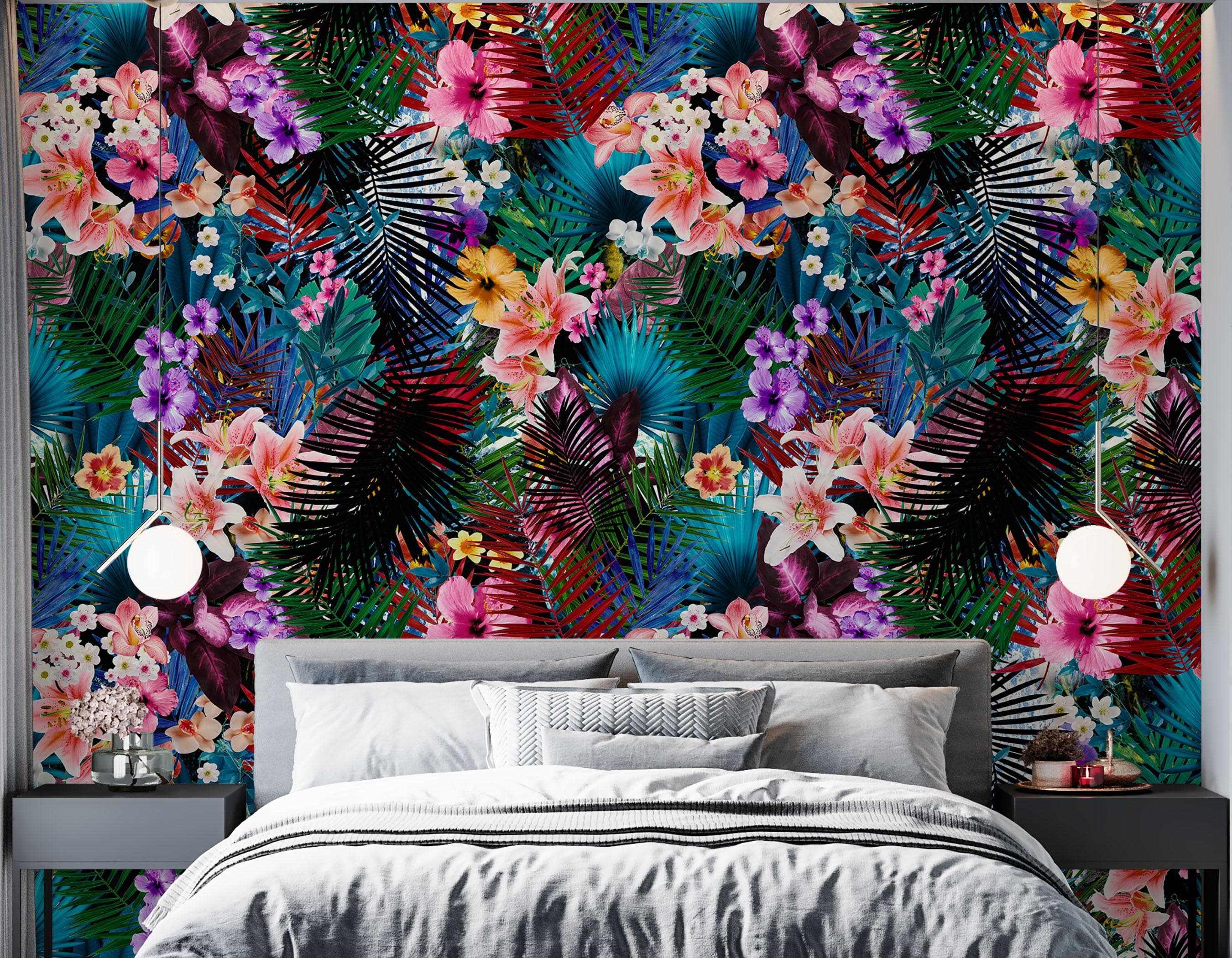 Mural de pared con estampado de follaje tropical colorido. Papel tapiz autoadhesivo. N.º 6382