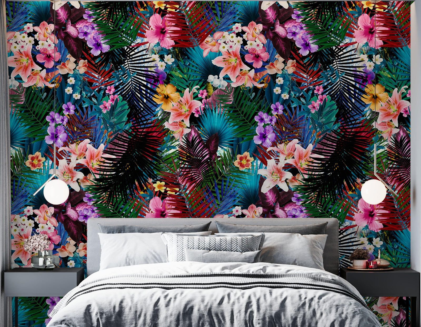 Mural de pared con estampado de follaje tropical colorido. Papel tapiz autoadhesivo. N.º 6382