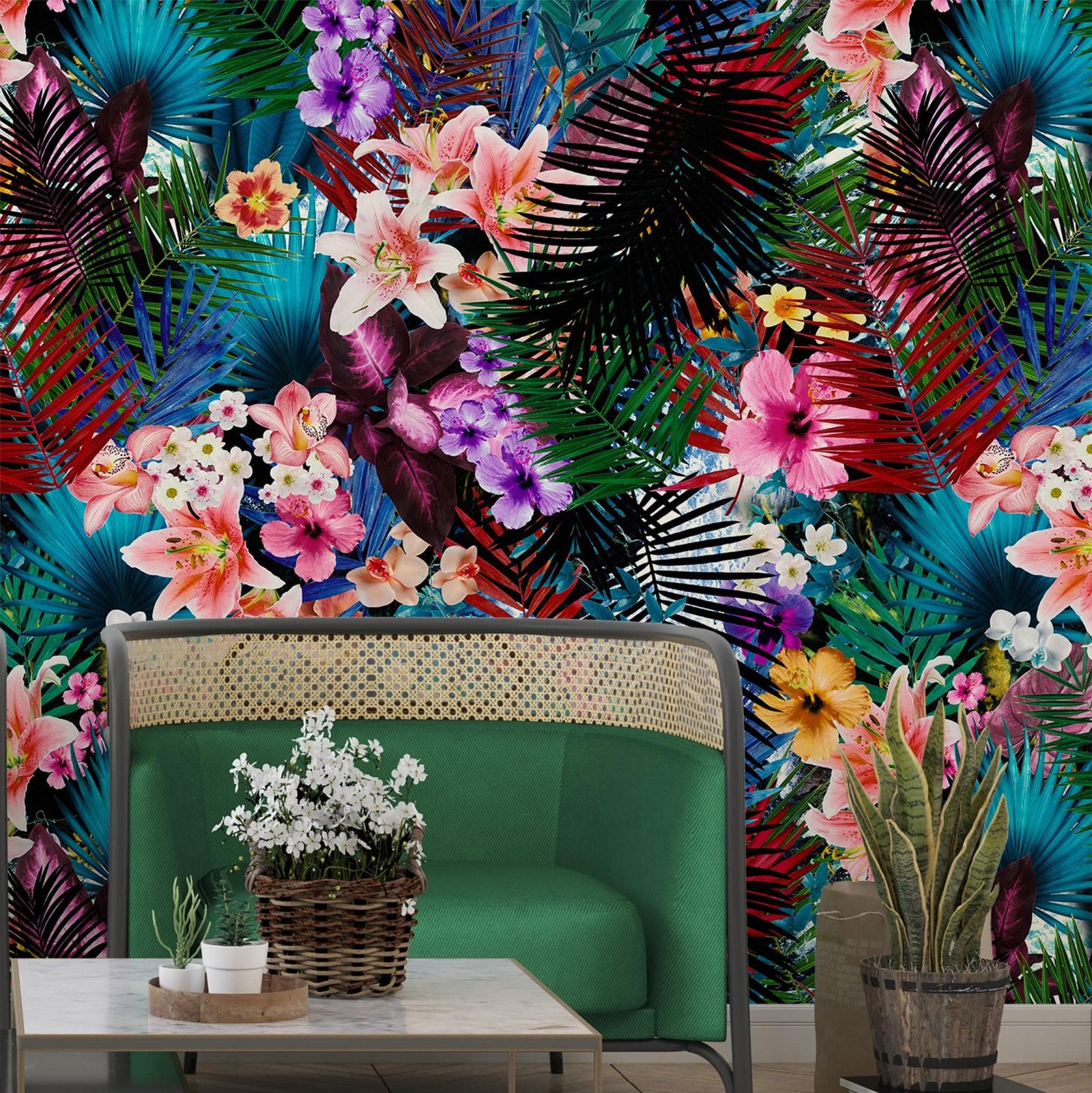 Mural de pared con estampado de follaje tropical colorido. Papel tapiz autoadhesivo. N.º 6382
