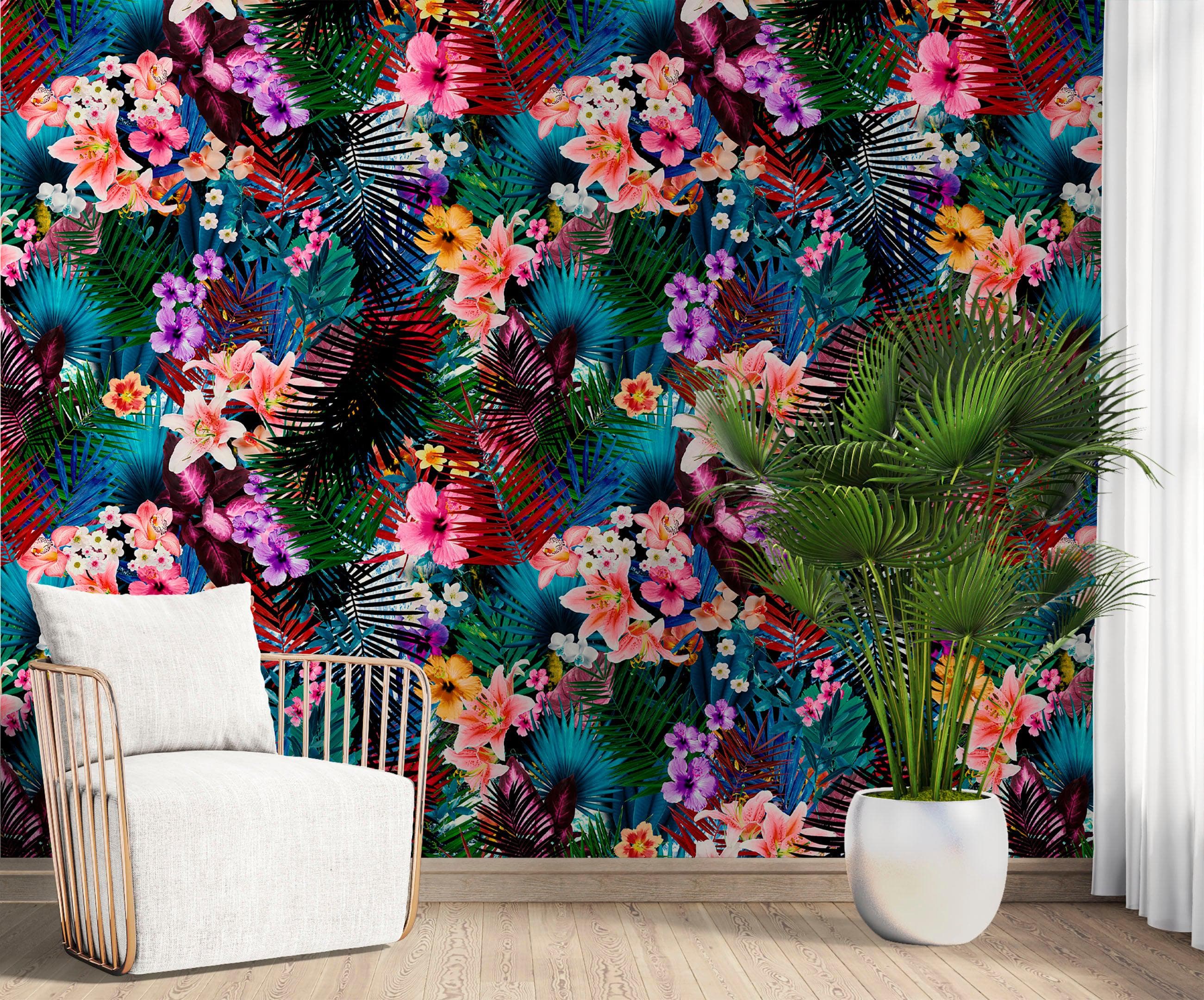Mural de pared con estampado de follaje tropical colorido. Papel tapiz autoadhesivo. N.º 6382