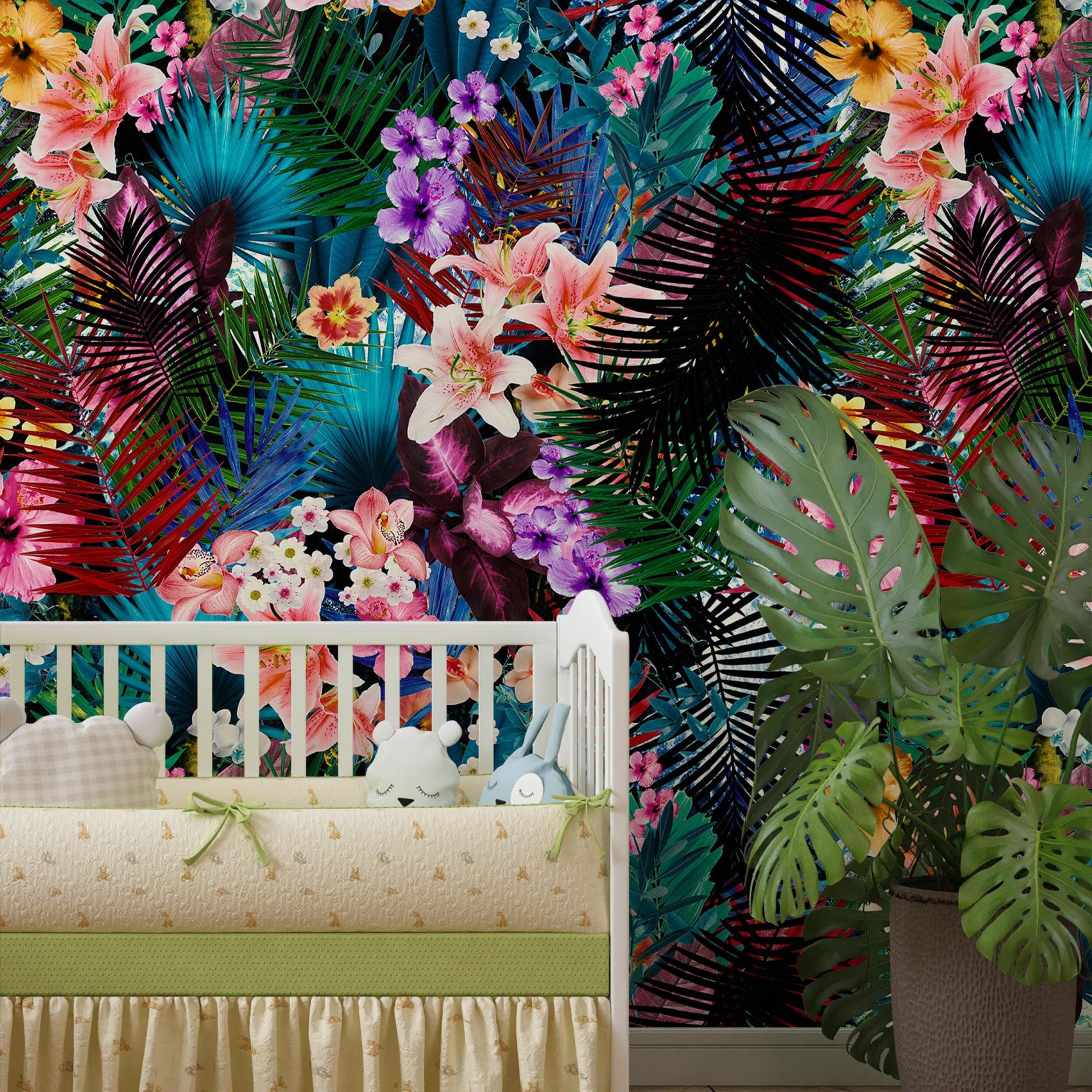 Mural de pared con estampado de follaje tropical colorido. Papel tapiz autoadhesivo. N.º 6382