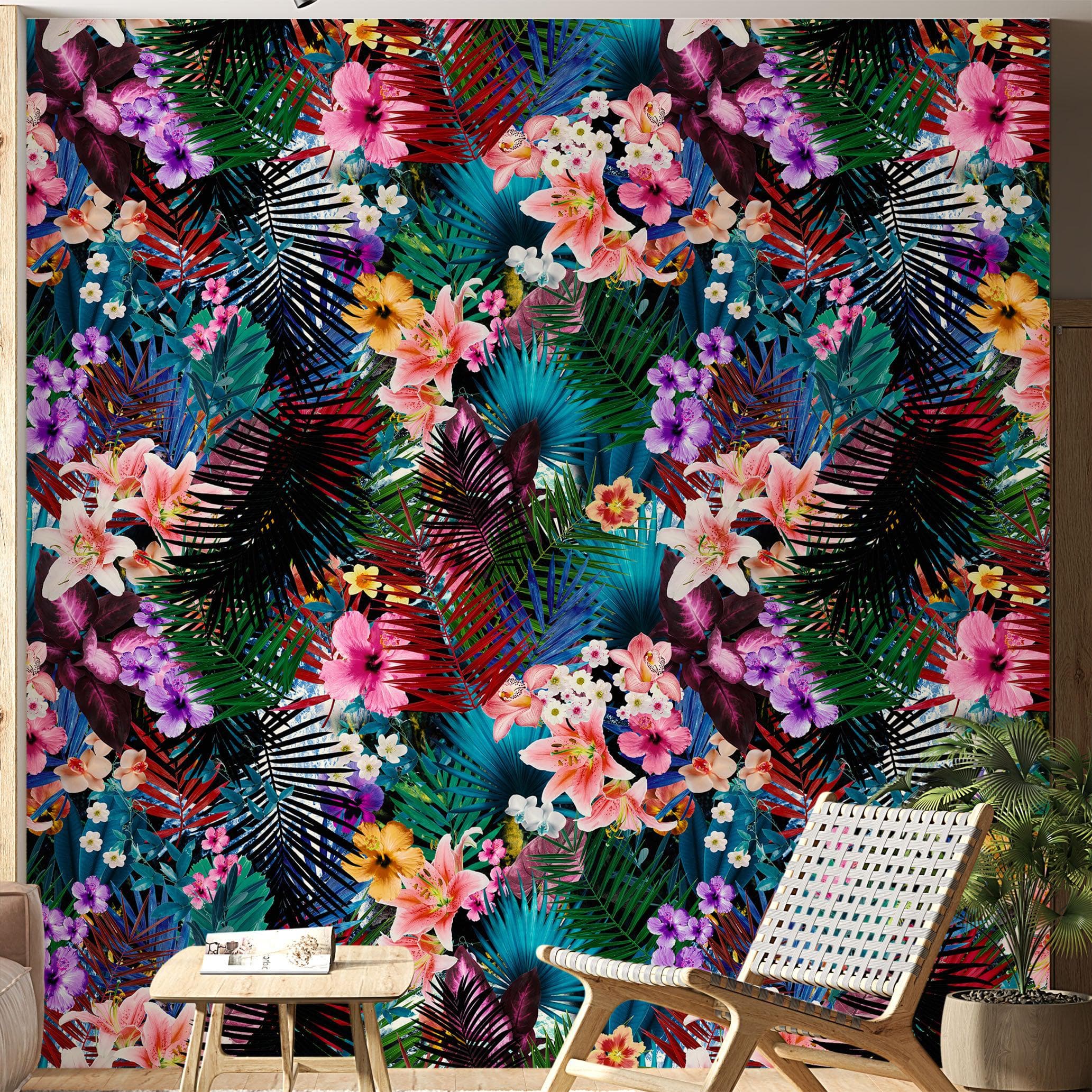 Mural de pared con estampado de follaje tropical colorido. Papel tapiz autoadhesivo. N.º 6382